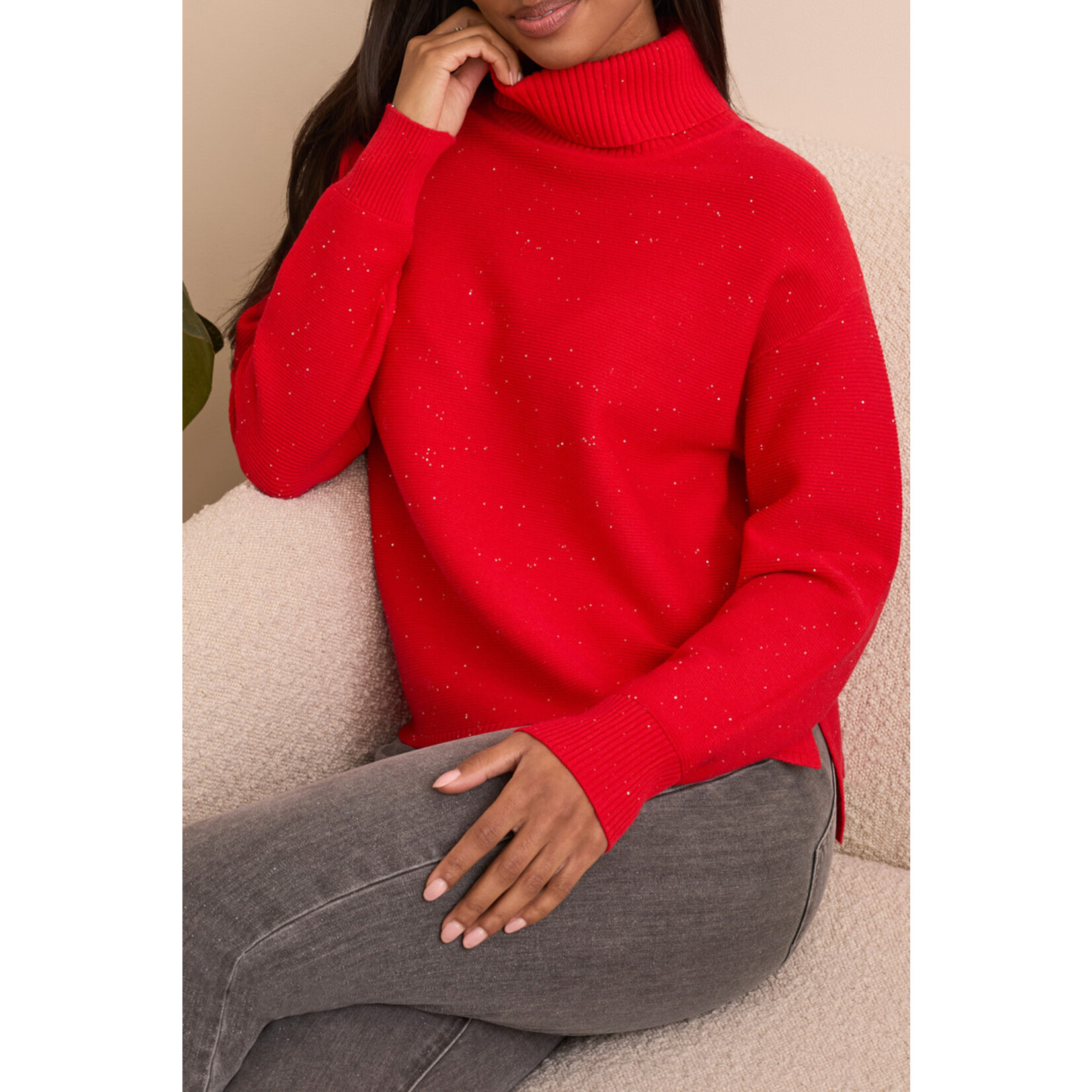 Tribal Turtleneck High Low Sweater With Side Slits