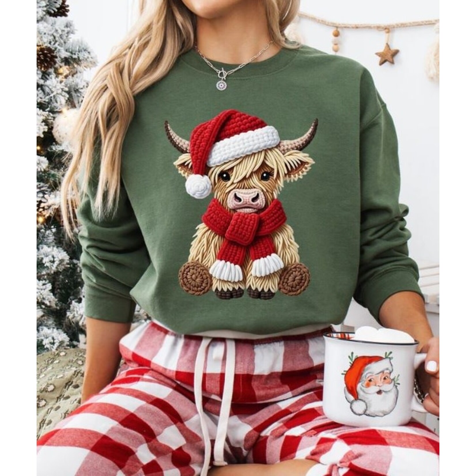 Royal Blush Cow Crochet Sweatshirt Military Green