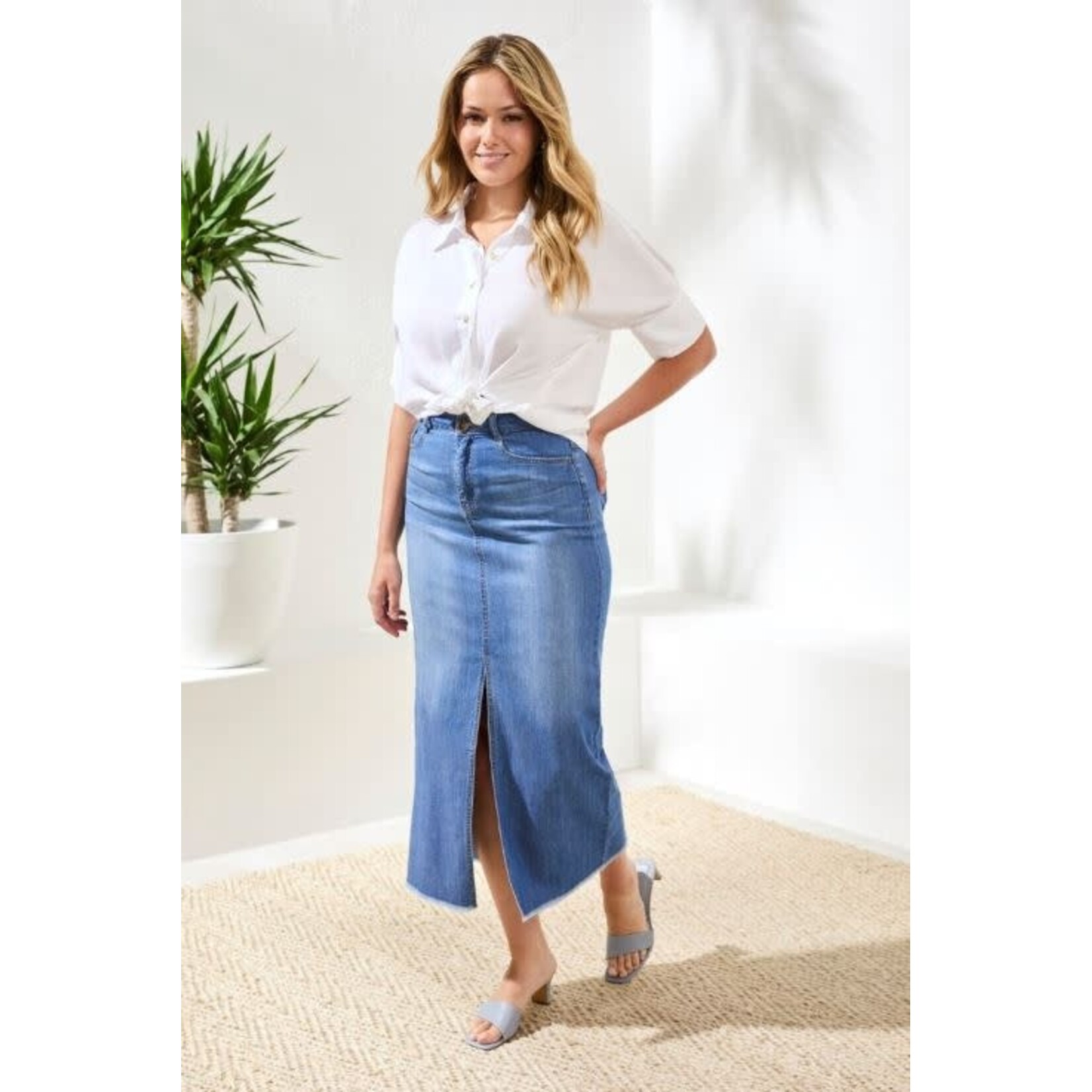 Tribal Full Length Denim Skirt With Slit