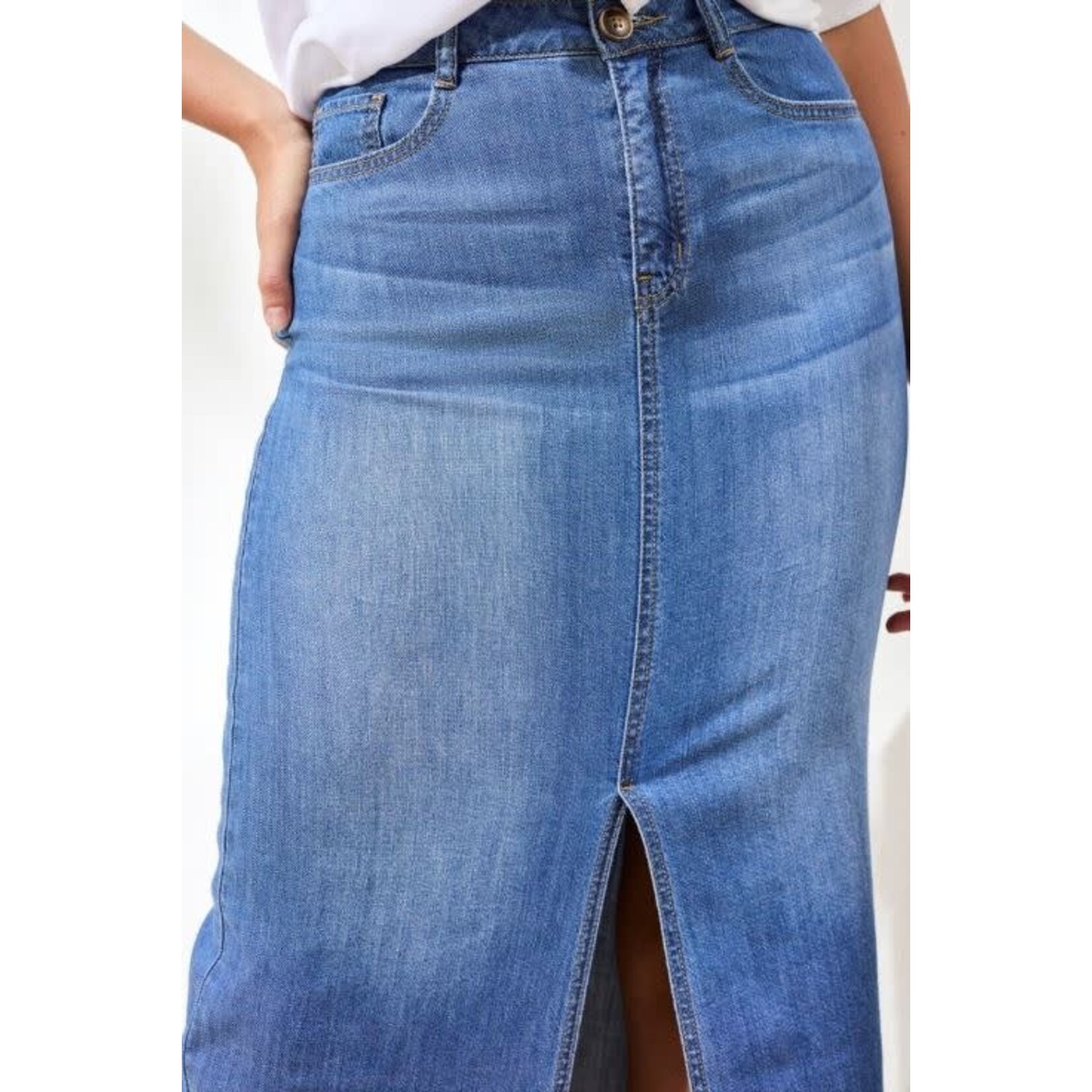 Tribal Full Length Denim Skirt With Slit