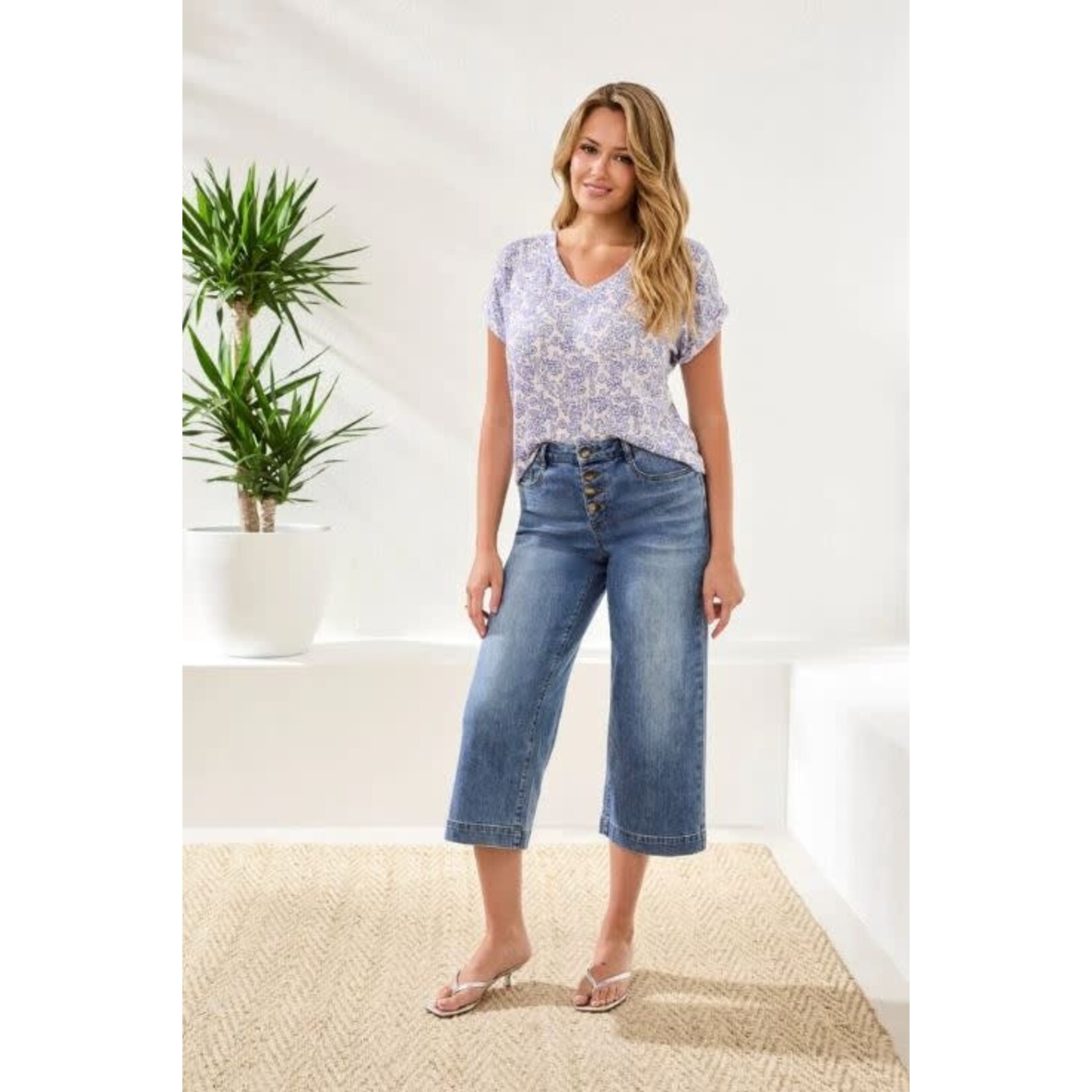 Tribal Audrey Button Fly Wide Leg Crop Jean