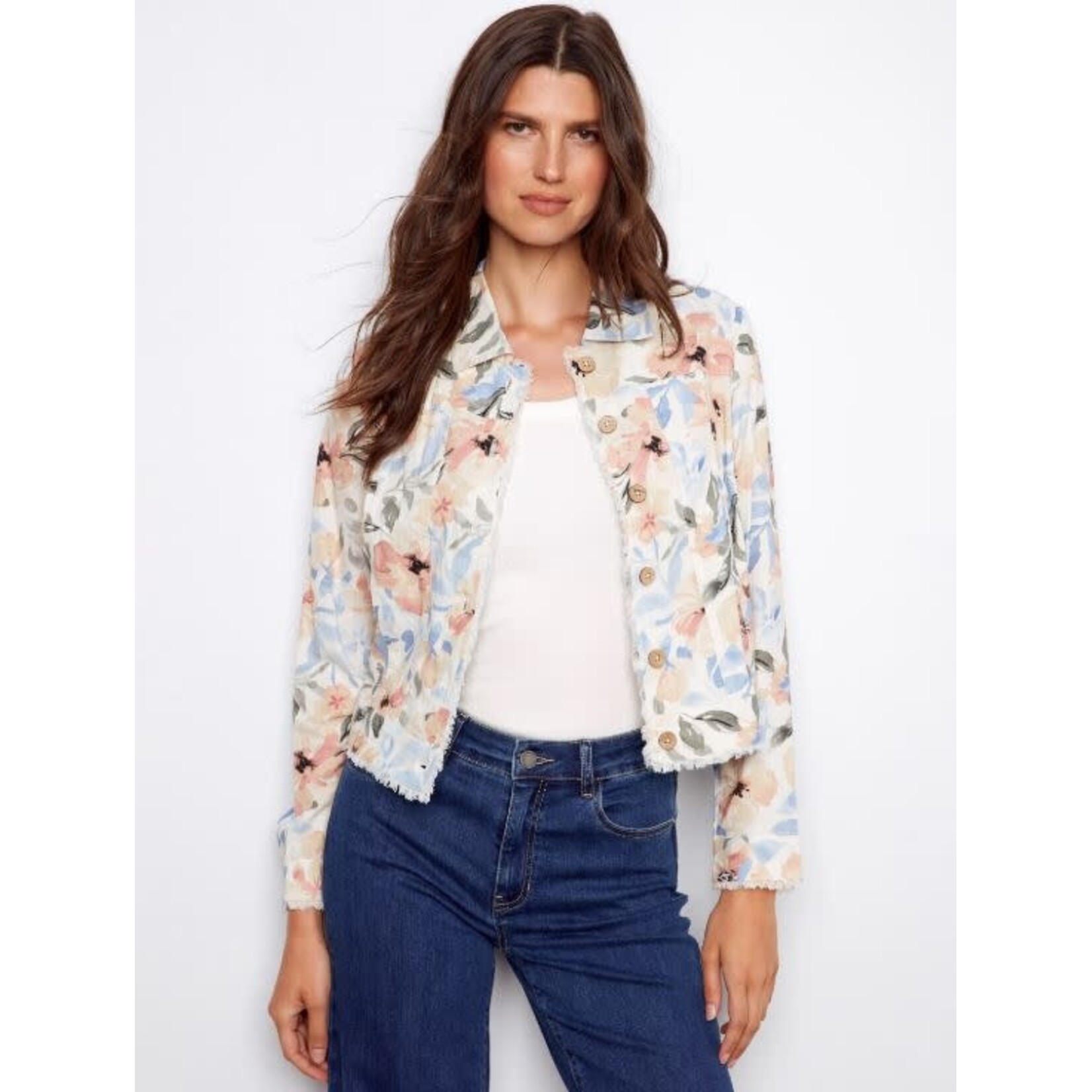 Charlie B Printed Frayed Hem Linen Jacket