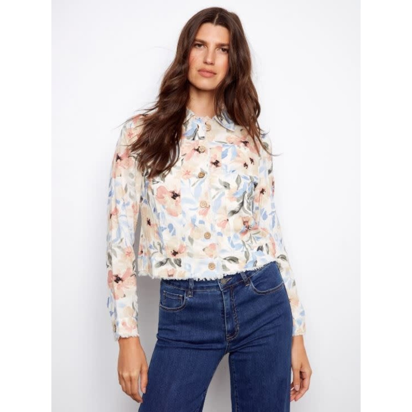 Charlie B Printed Frayed Hem Linen Jacket