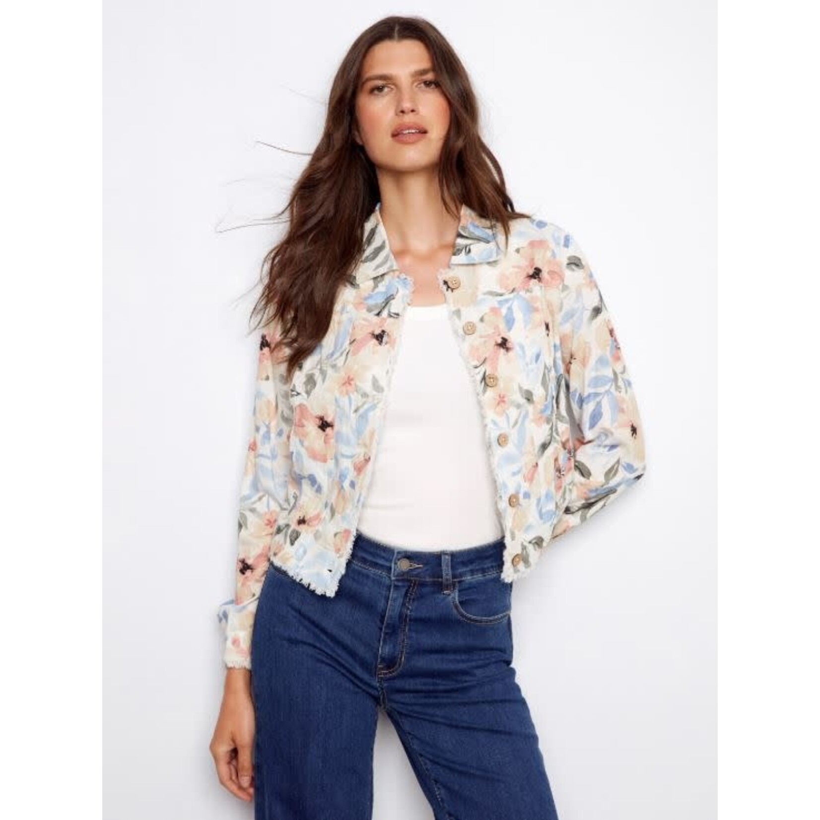 Charlie B Printed Frayed Hem Linen Jacket