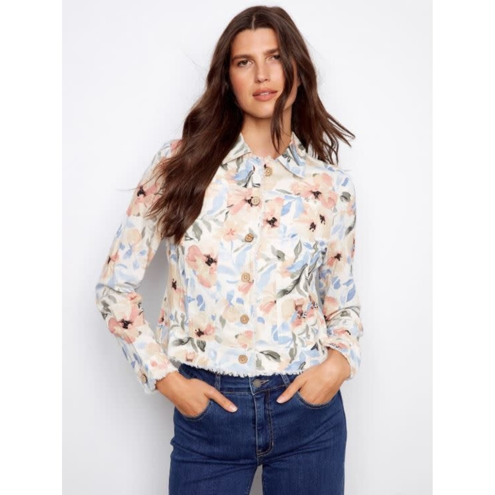 Charlie B Printed Frayed Hem Linen Jacket