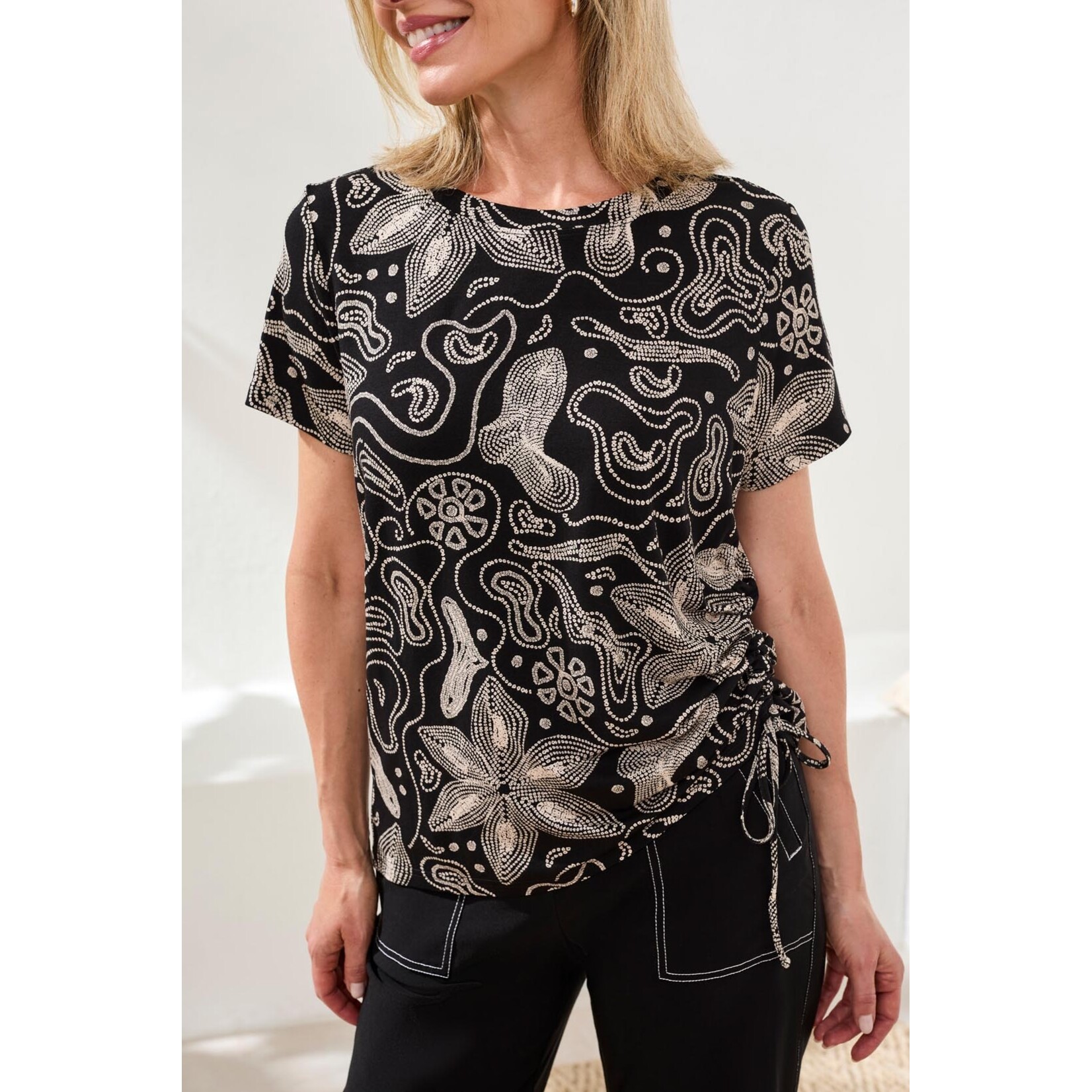 Tribal Short Sleeve Crew Neck Top With Ruching