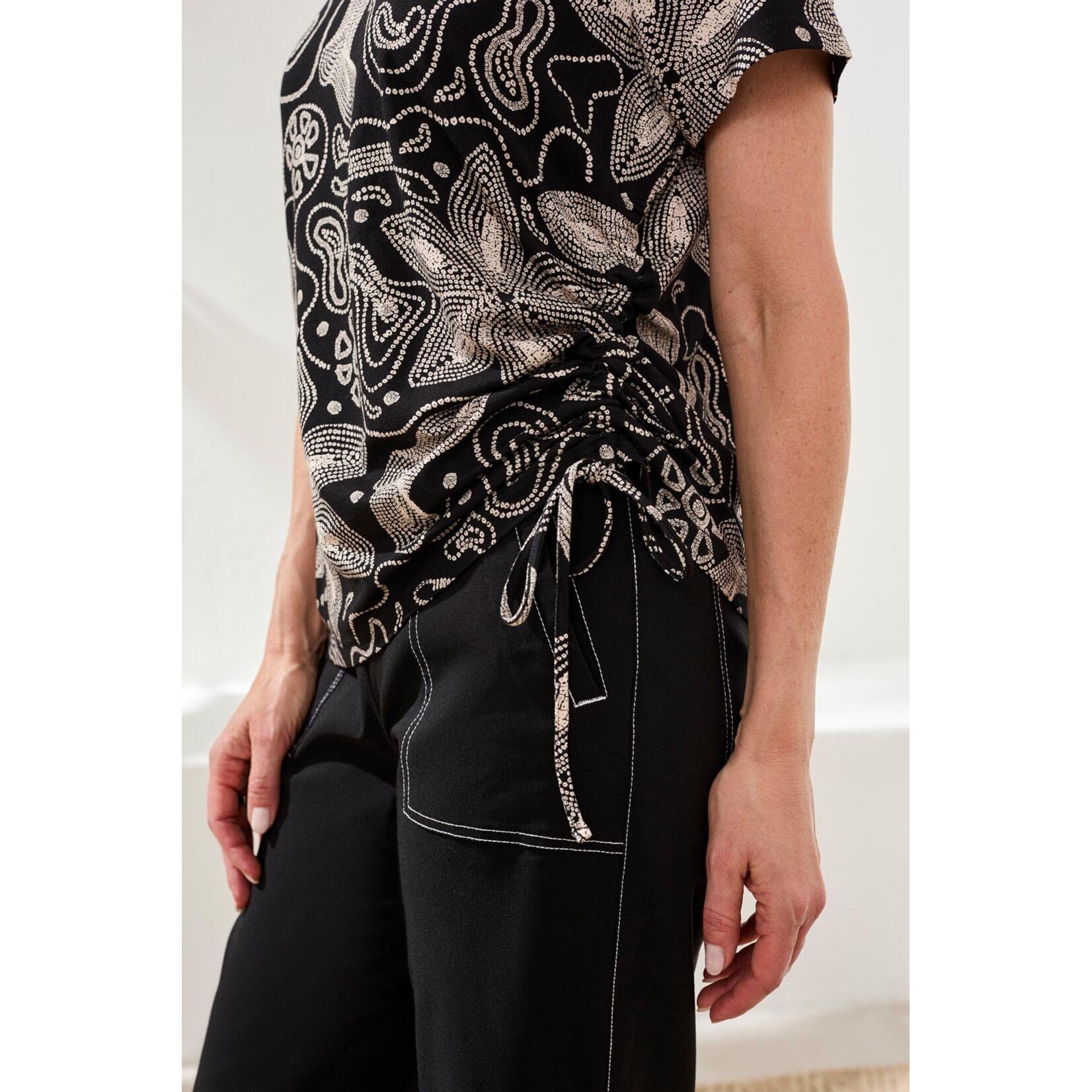 Tribal Short Sleeve Crew Neck Top With Ruching