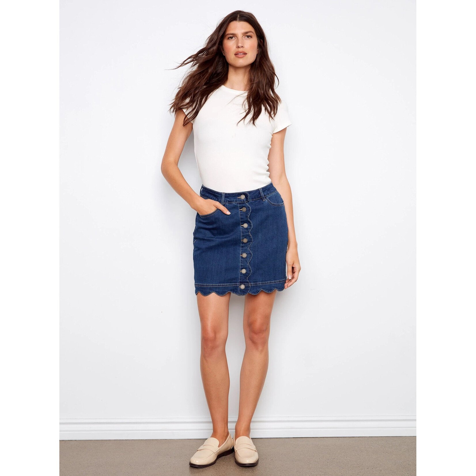 Charlie B Scalloped Hem Button Front Skort