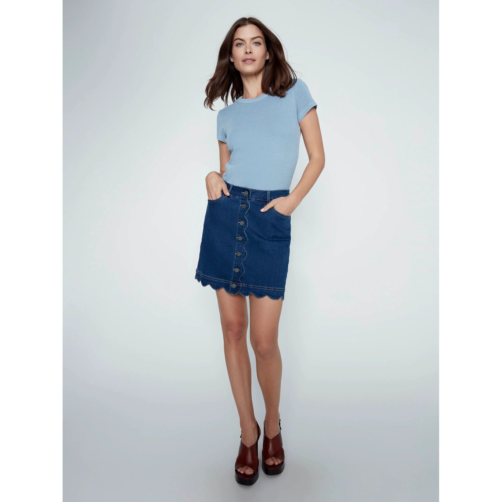 Charlie B Scalloped Hem Button Front Skort