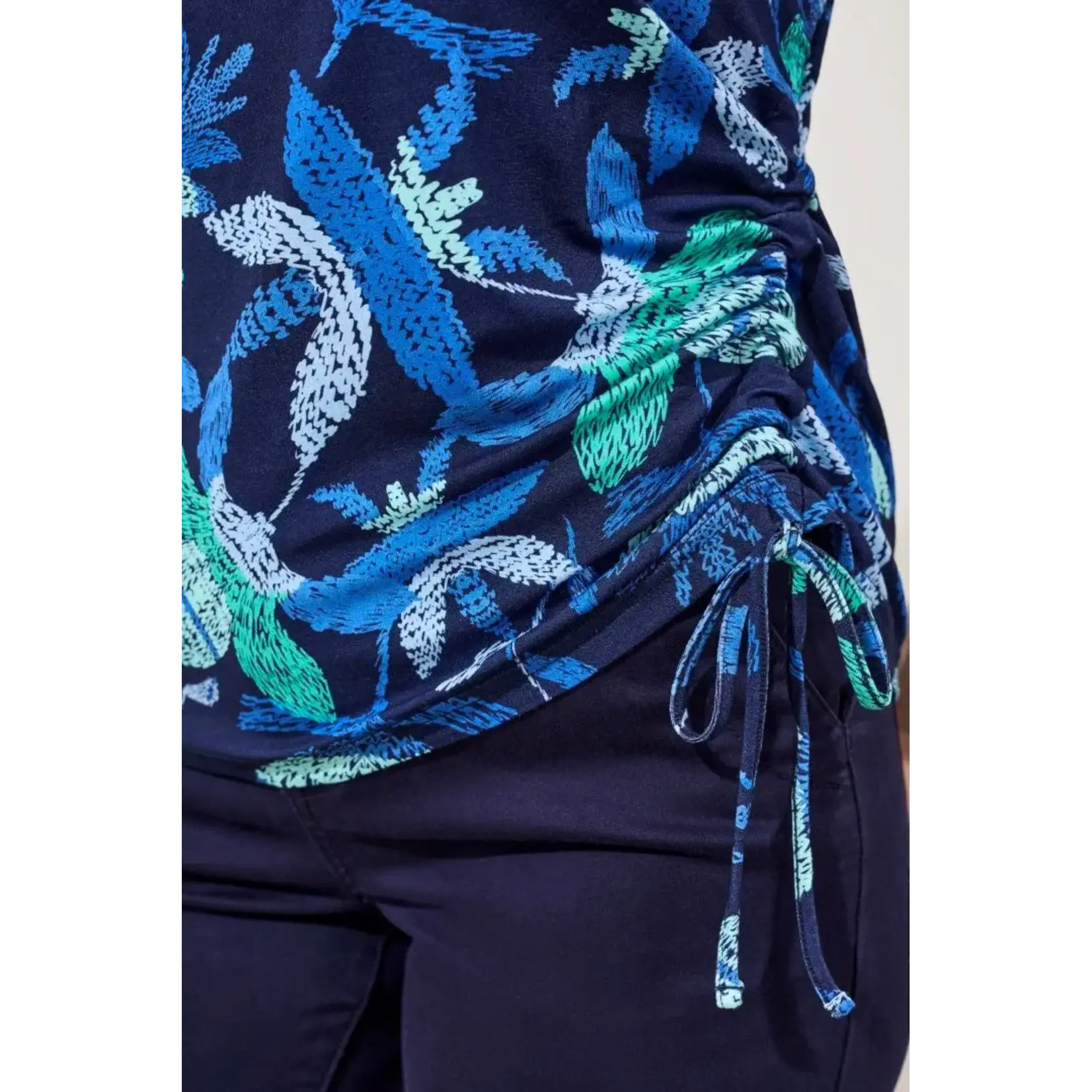 Tribal Short Sleeve Crew Neck Top With Ruching