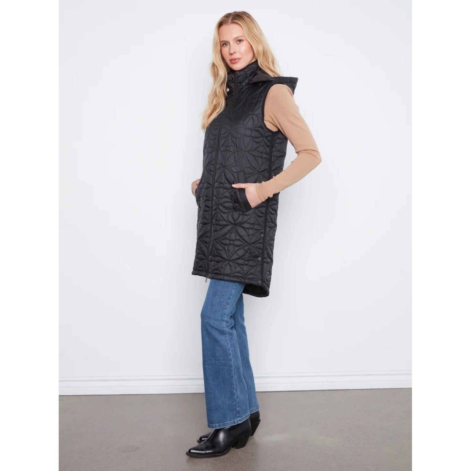 Charlie B Long Puffer Vest With Removable Hood