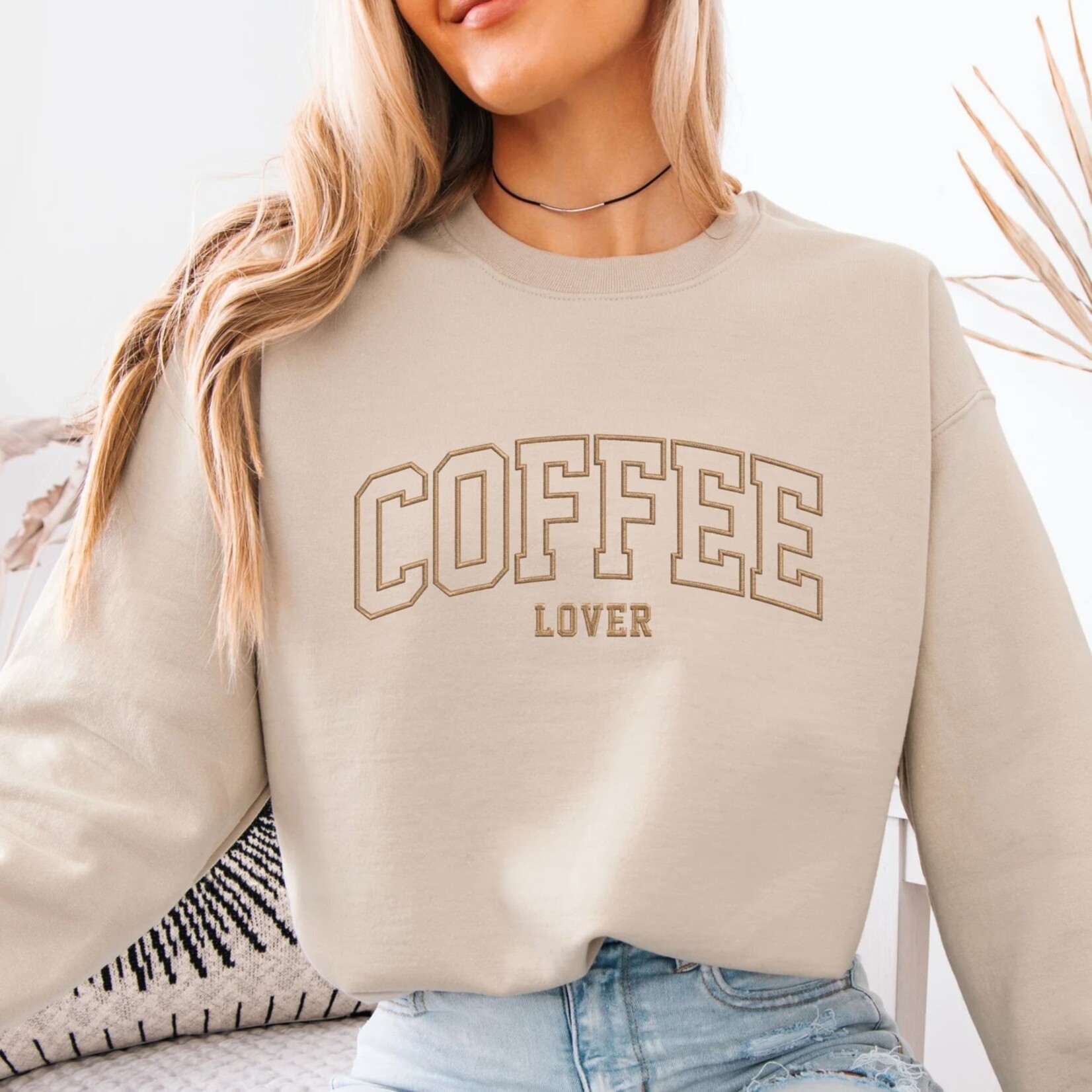 Royal Blush Coffee Lover Embroidered Sweatshirt Sand