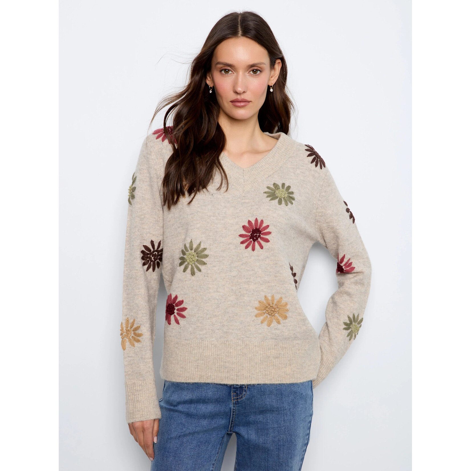 Charlie B Embroidered V-Neck Sweater