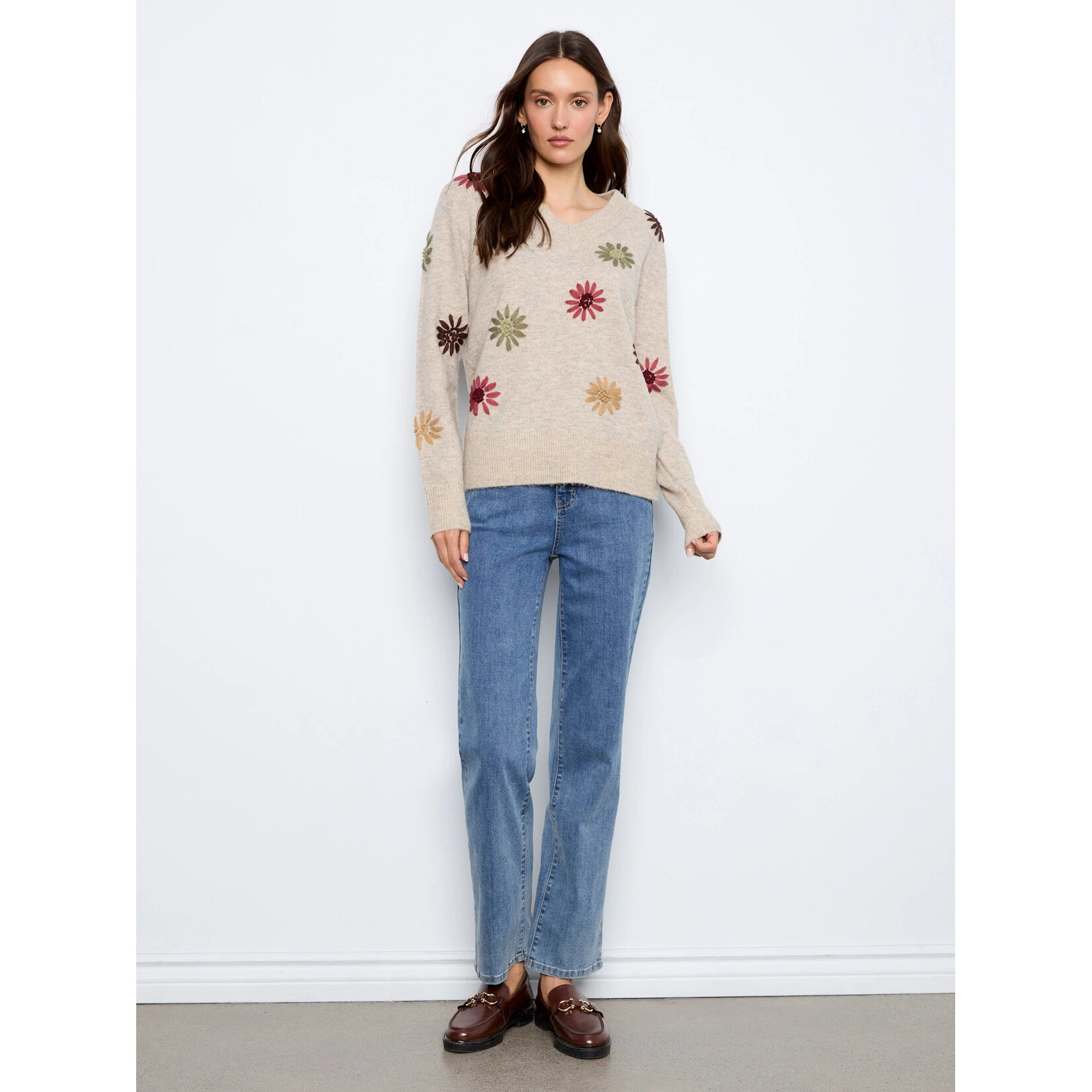 Charlie B Embroidered V-Neck Sweater
