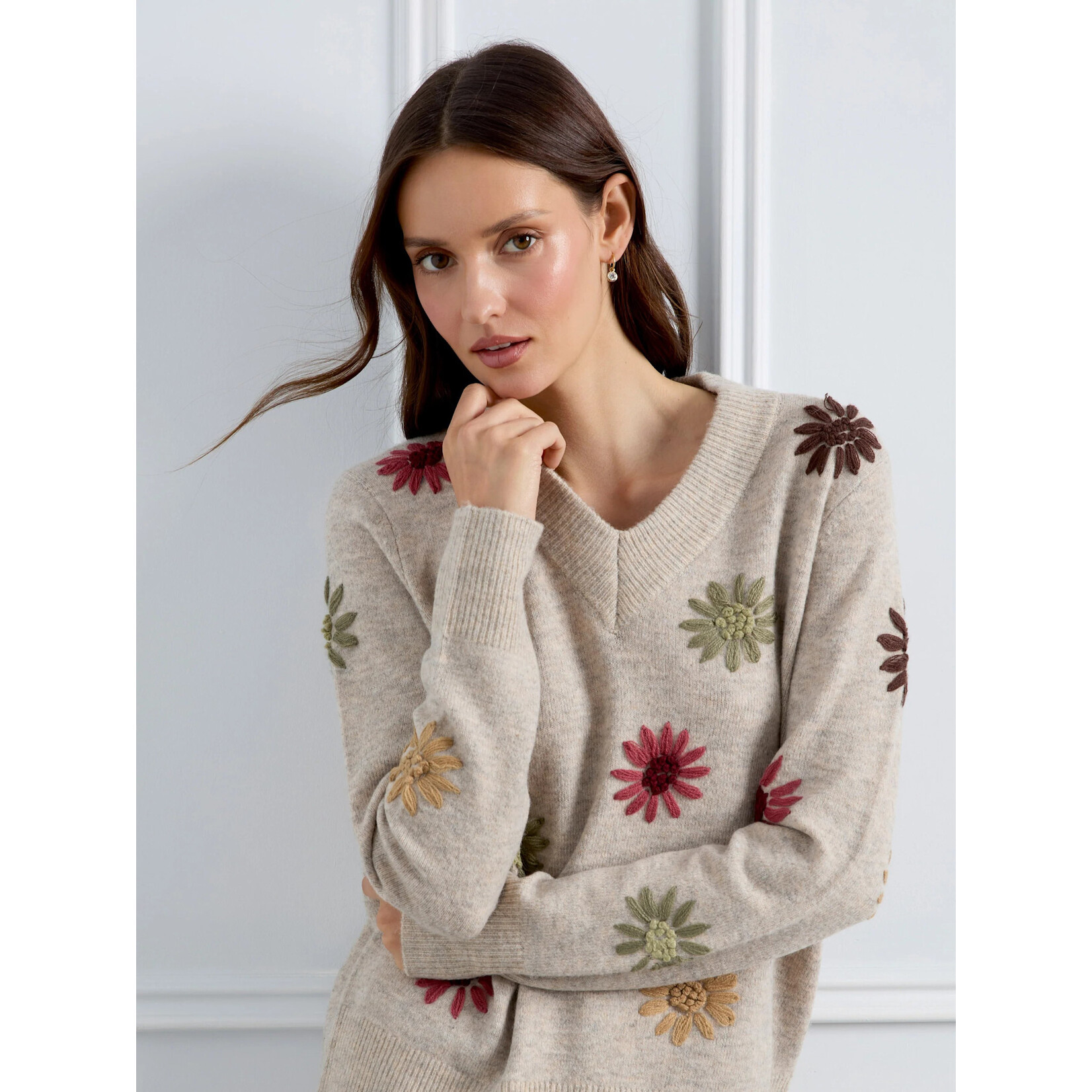 Charlie B Embroidered V-Neck Sweater