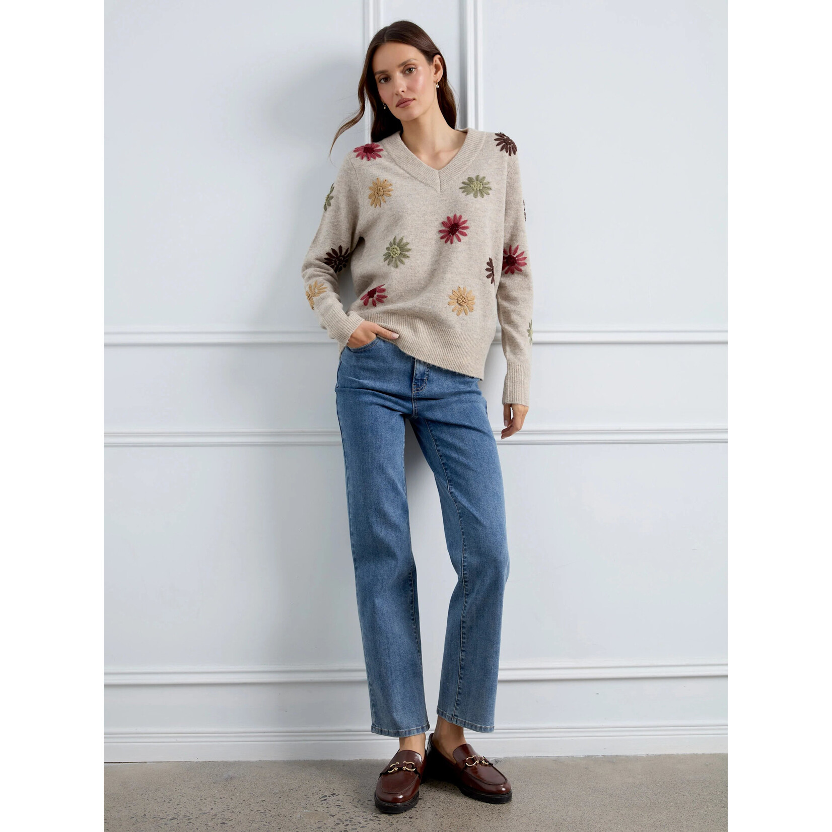 Charlie B Embroidered V-Neck Sweater