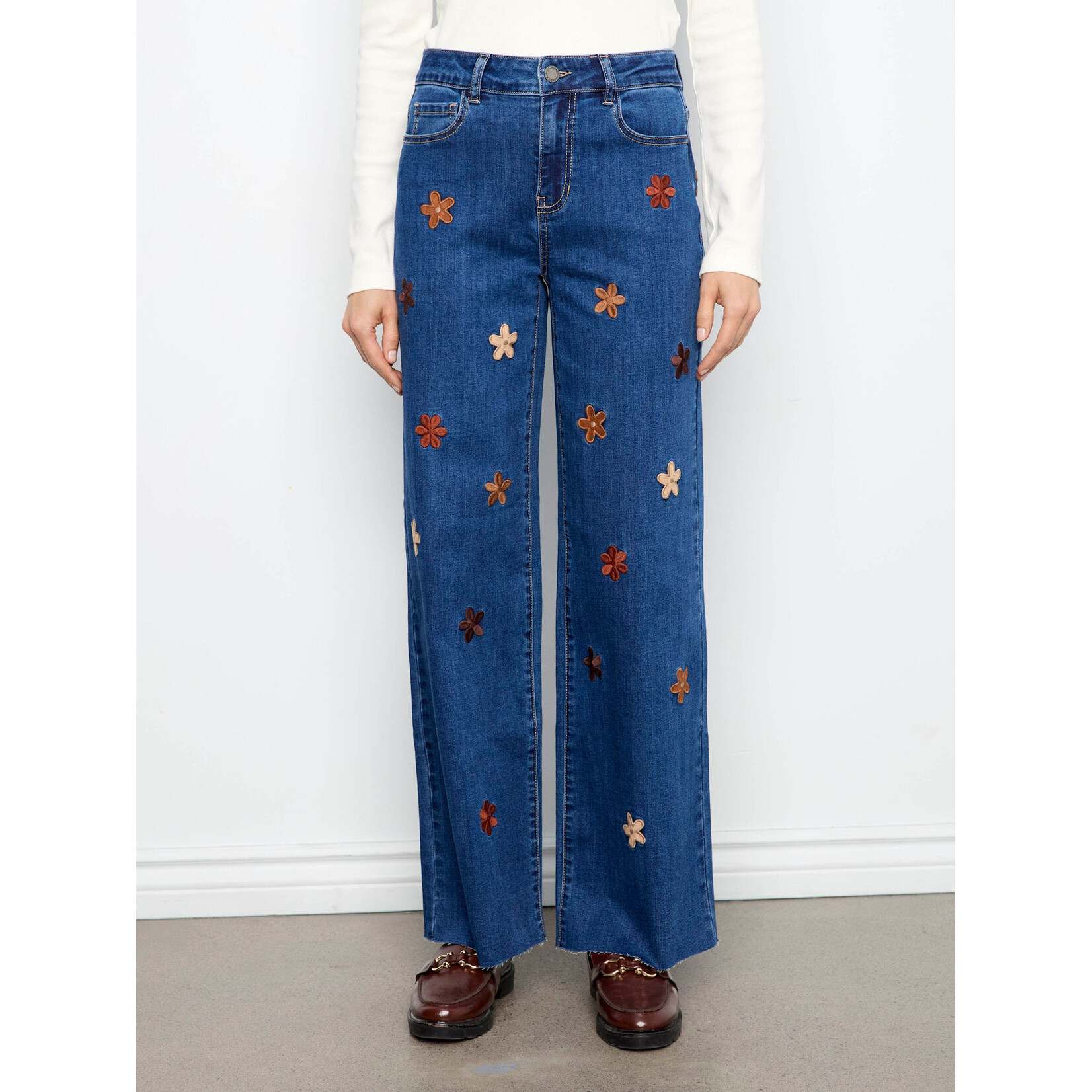 Charlie B Wide Leg Jeans With Suede Flower Patch