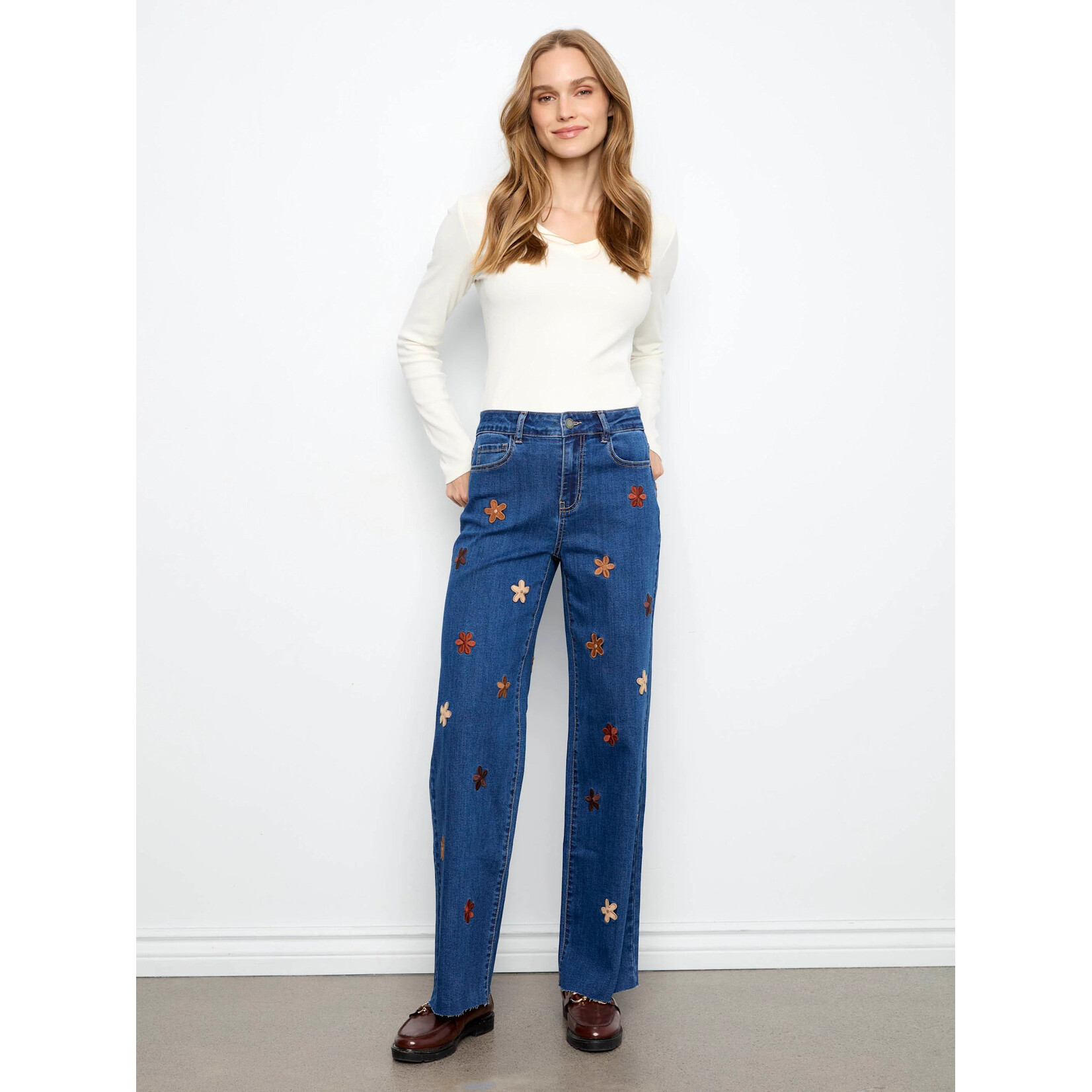 Charlie B Wide Leg Jeans With Suede Flower Patch