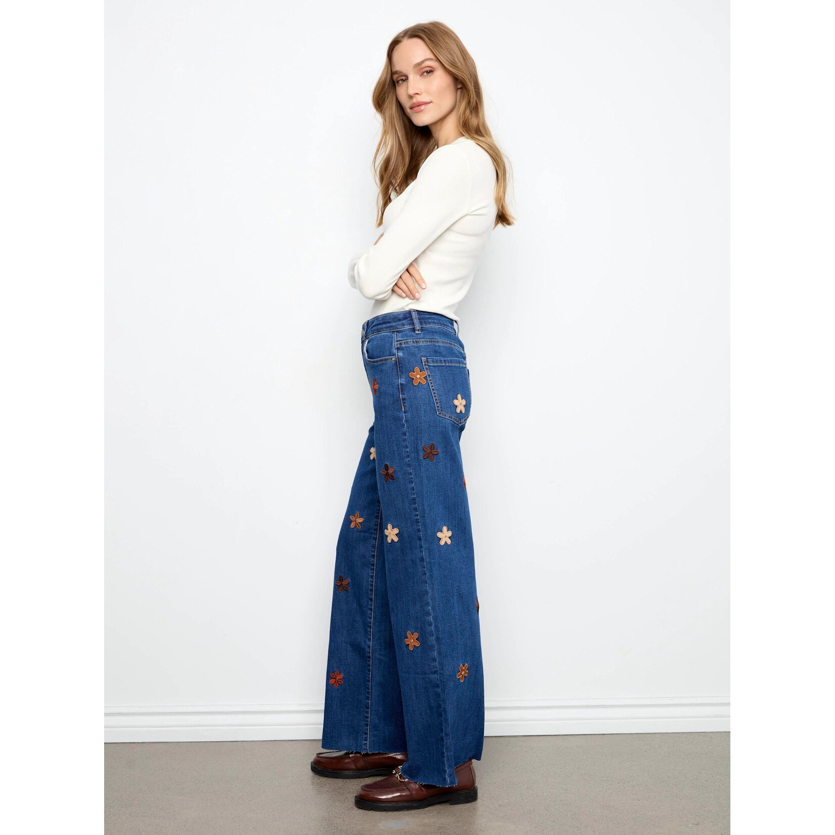Charlie B Wide Leg Jeans With Suede Flower Patch