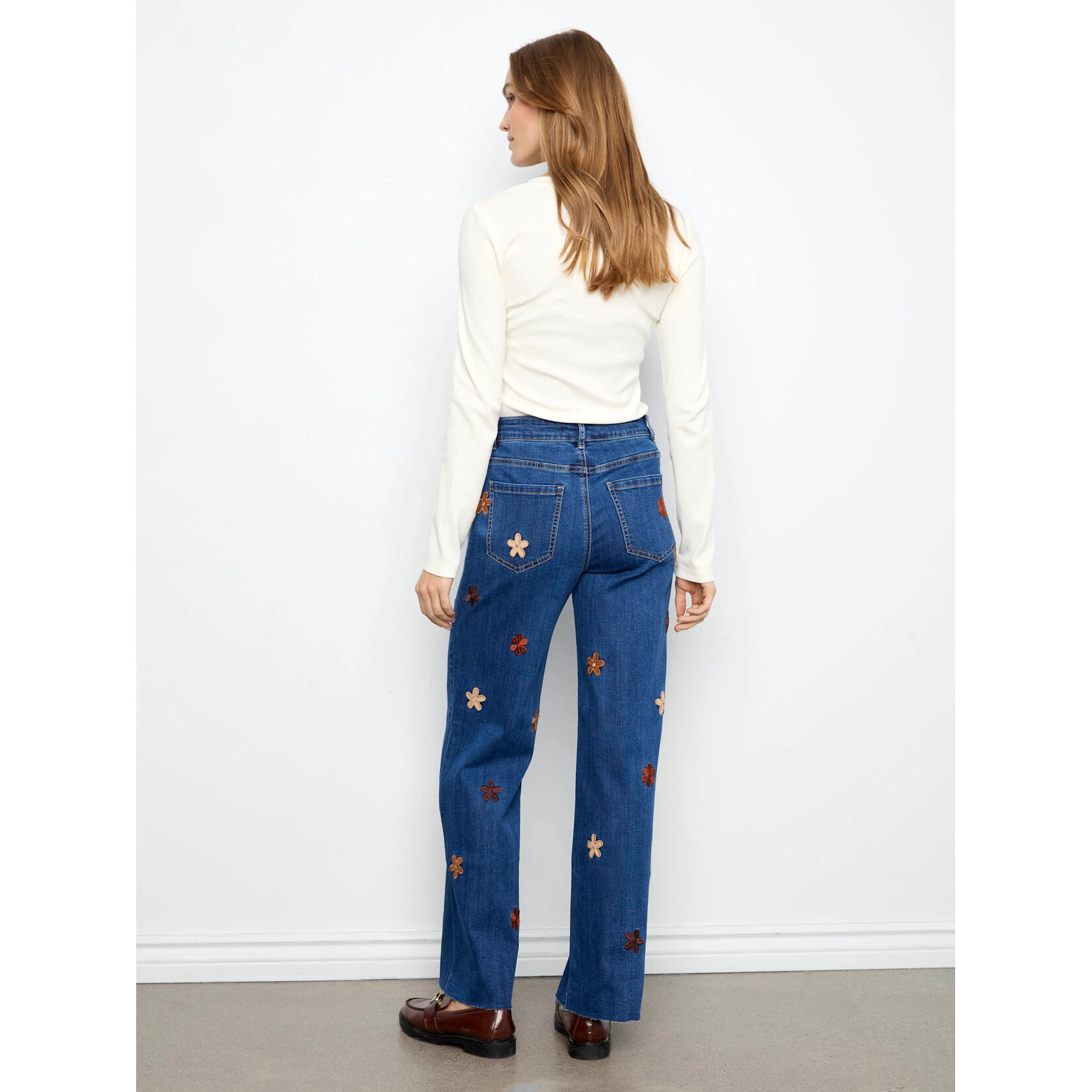 Charlie B Wide Leg Jeans With Suede Flower Patch