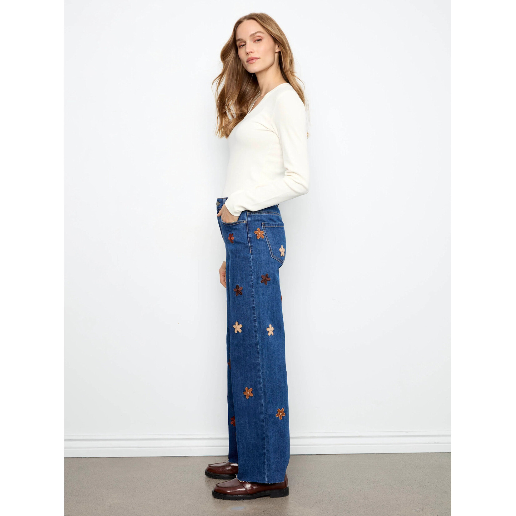 Charlie B Wide Leg Jeans With Suede Flower Patch