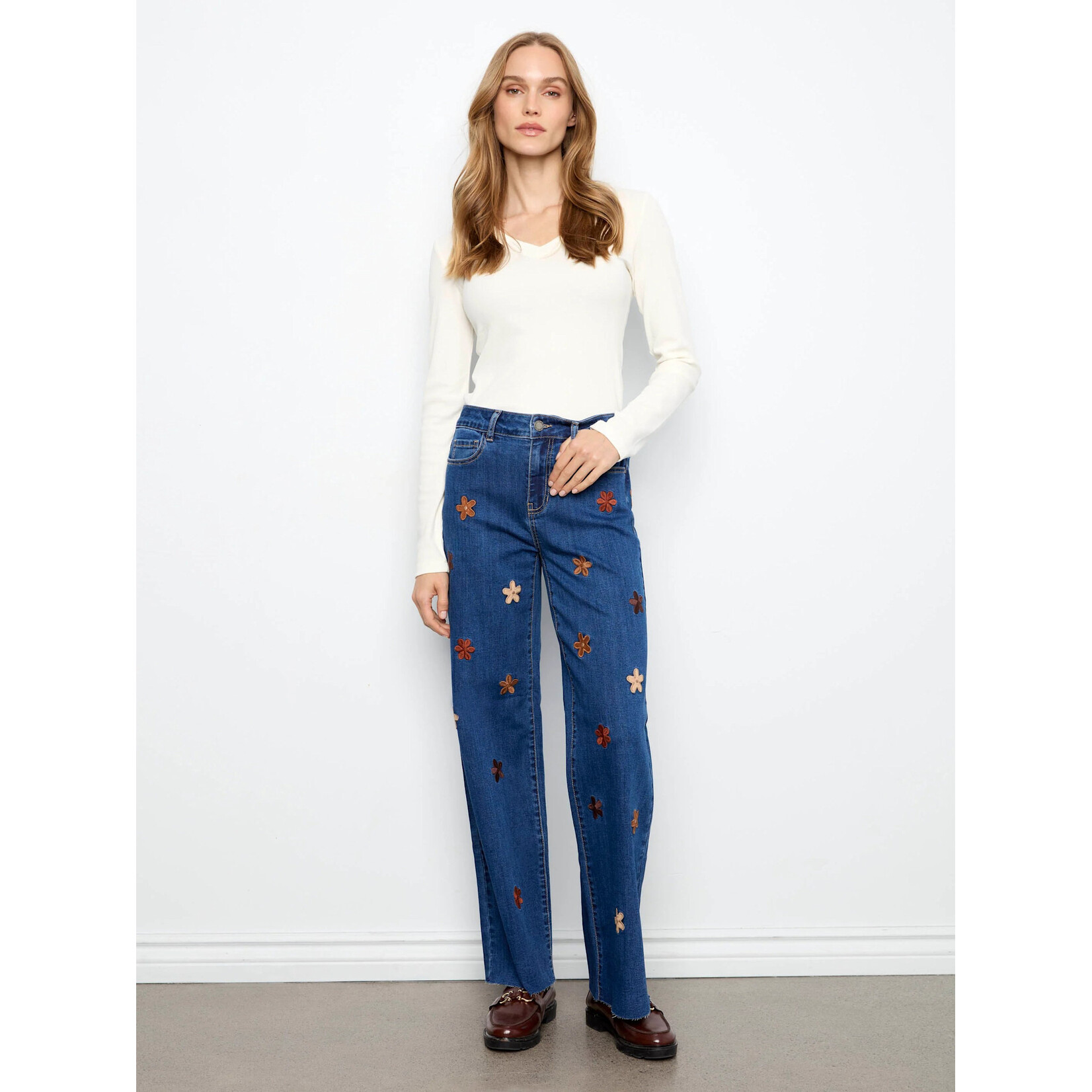 Charlie B Wide Leg Jeans With Suede Flower Patch