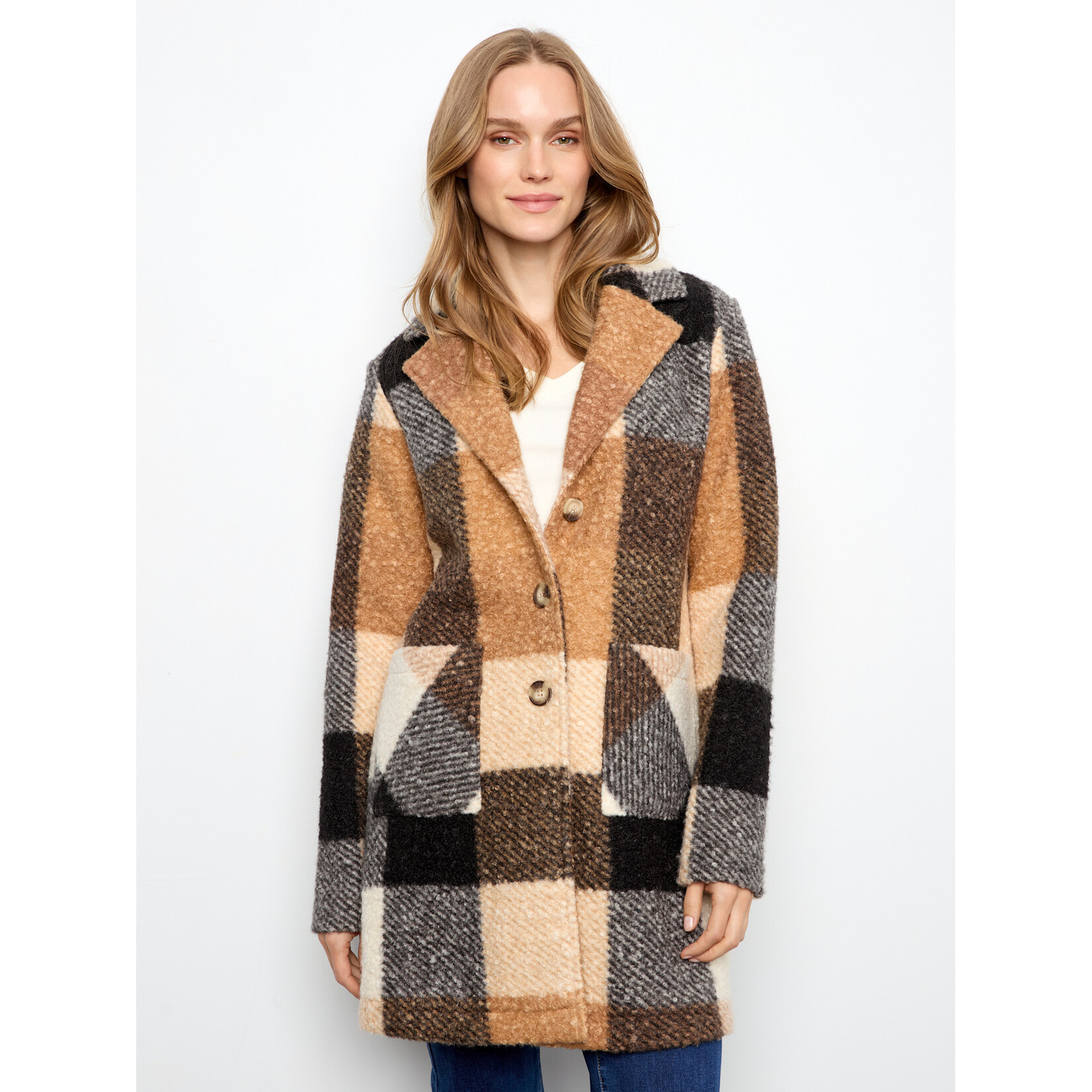 Charlie B Plaid Boucle Knit Tailored Collar Coat
