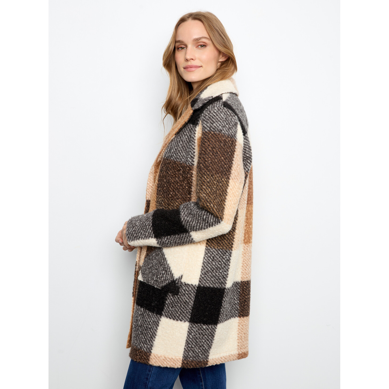 Charlie B Plaid Boucle Knit Tailored Collar Coat