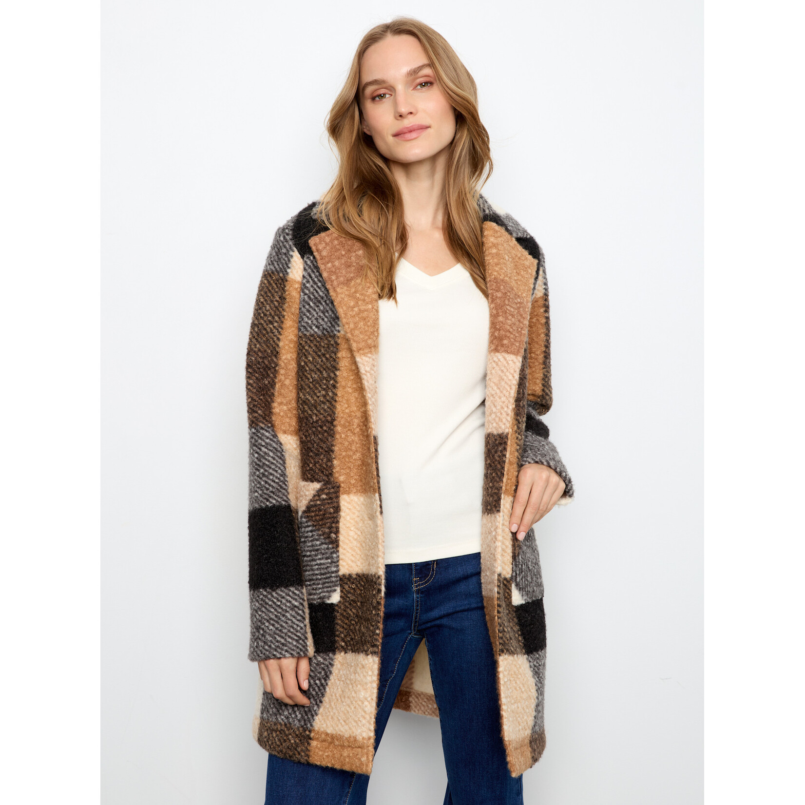 Charlie B Plaid Boucle Knit Tailored Collar Coat