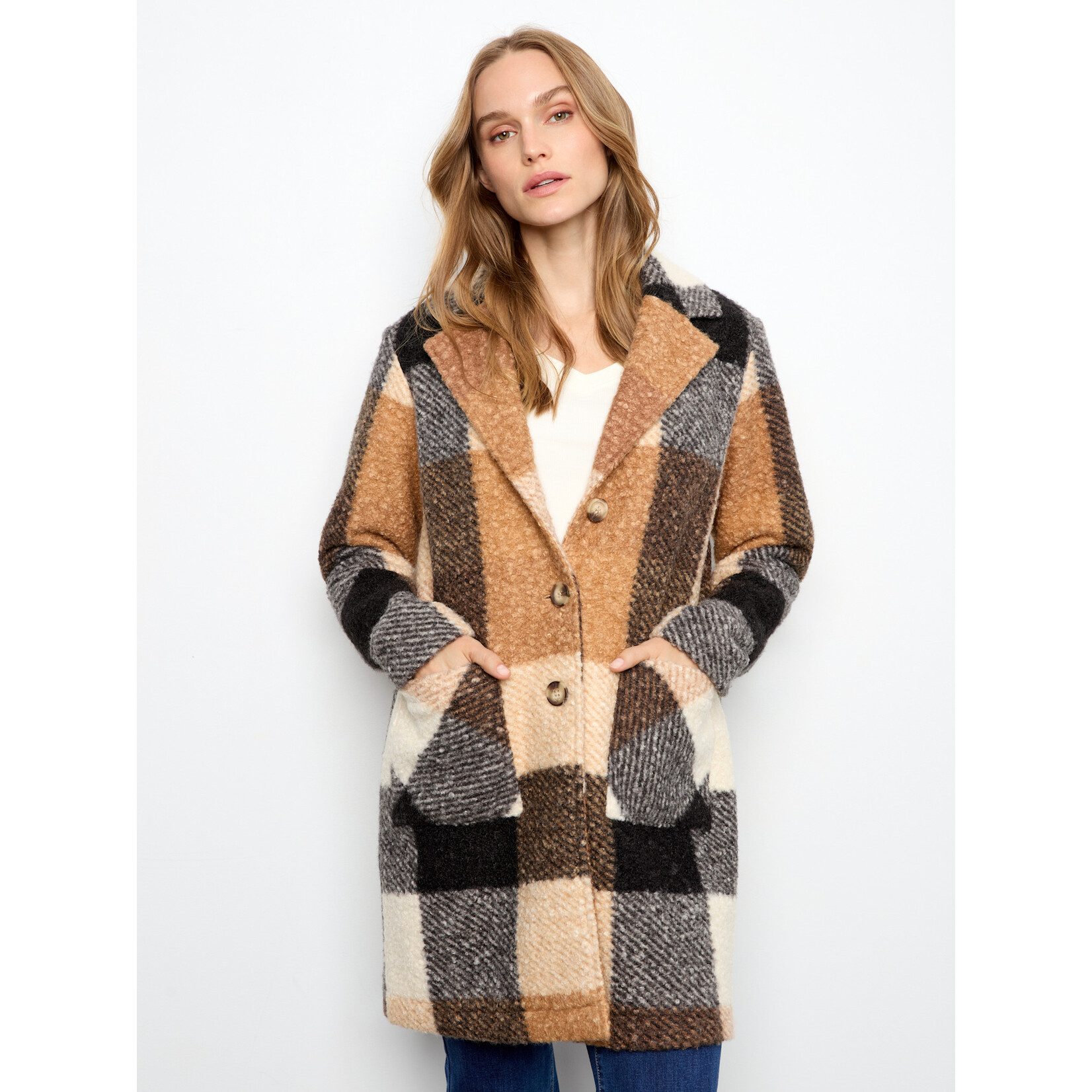 Charlie B Plaid Boucle Knit Tailored Collar Coat