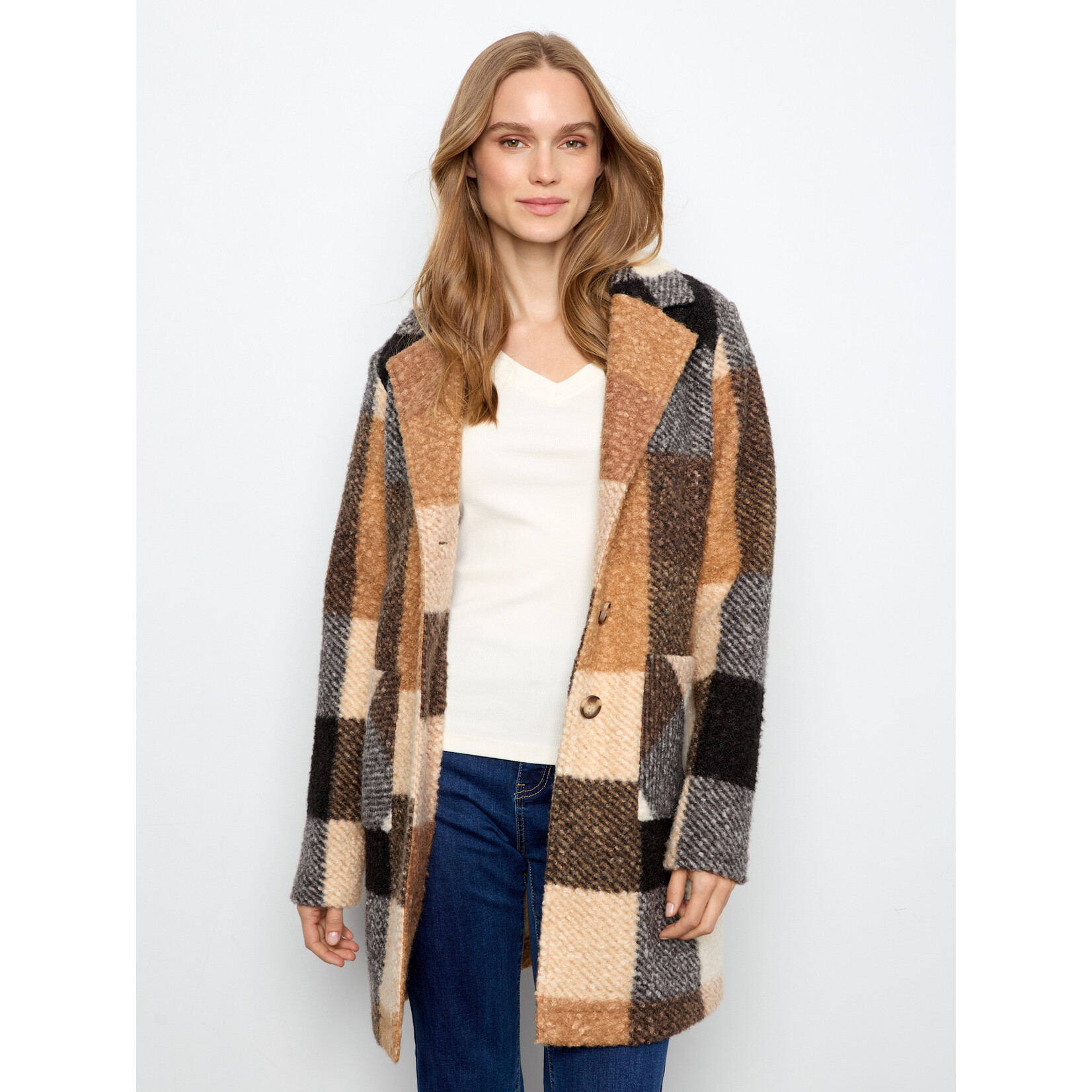 Charlie B Plaid Boucle Knit Tailored Collar Coat