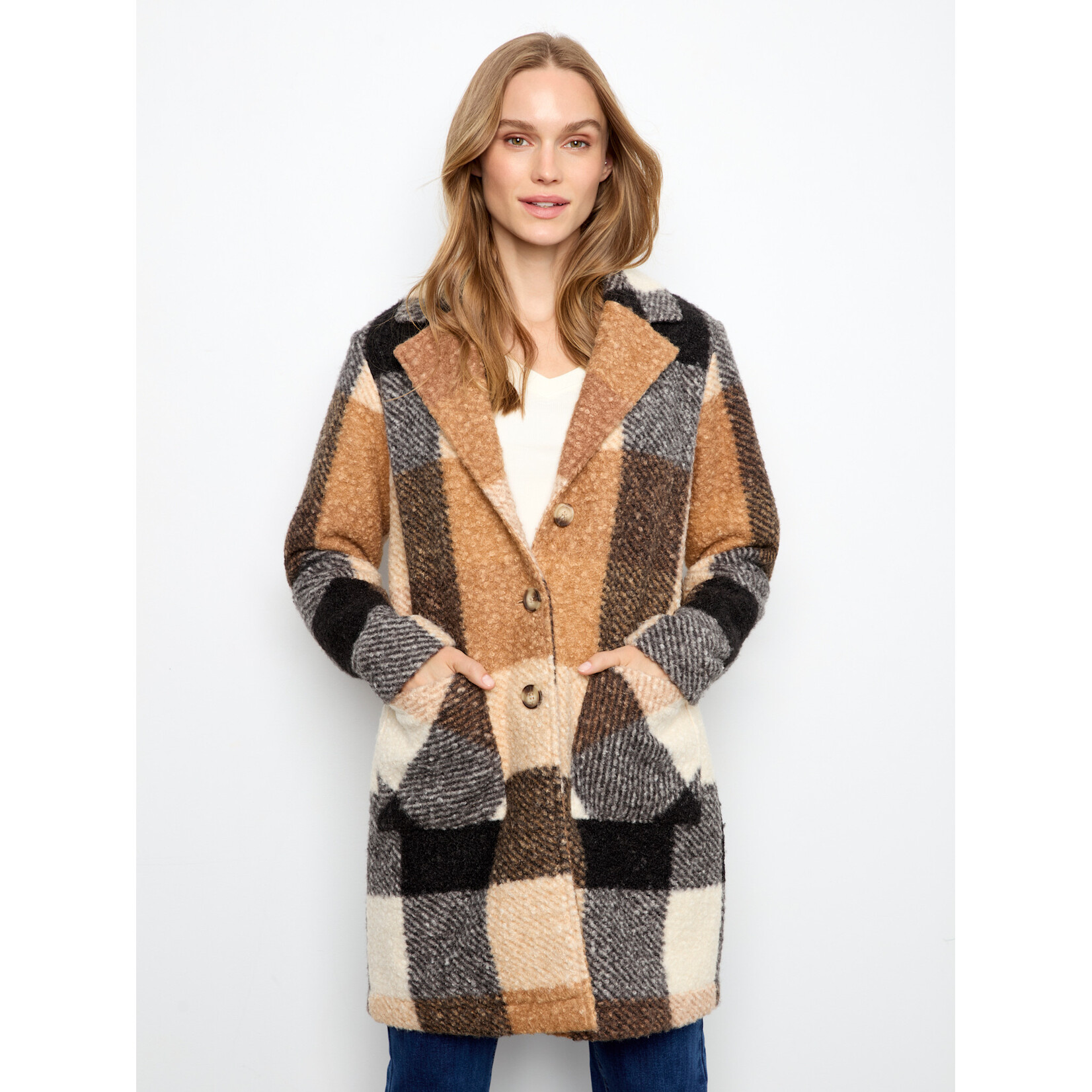 Charlie B Plaid Boucle Knit Tailored Collar Coat