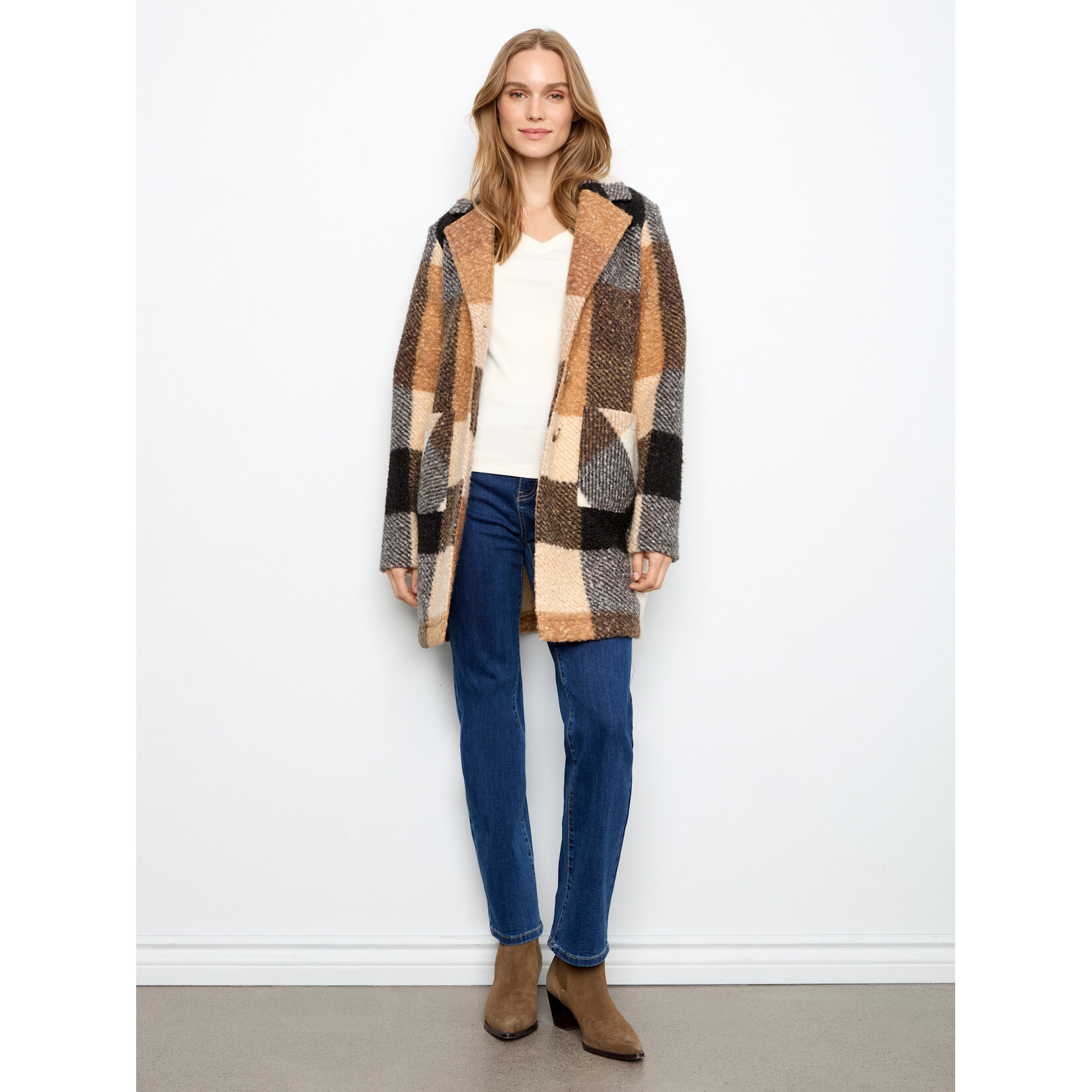 Charlie B Plaid Boucle Knit Tailored Collar Coat