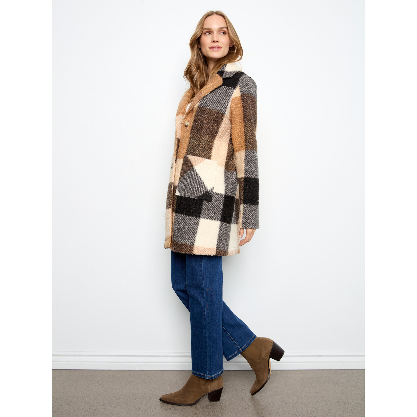 Charlie B Plaid Boucle Knit Tailored Collar Coat
