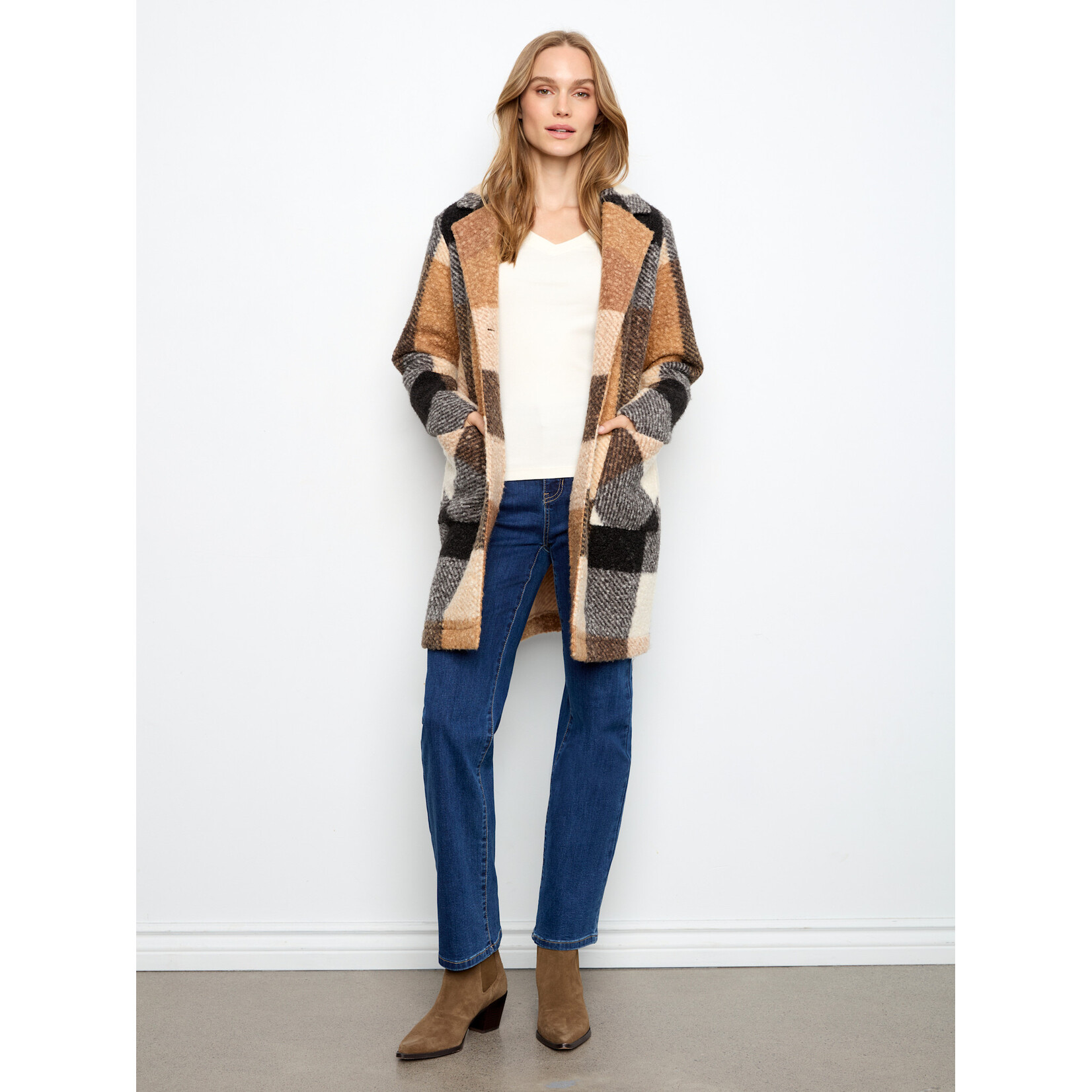 Charlie B Plaid Boucle Knit Tailored Collar Coat