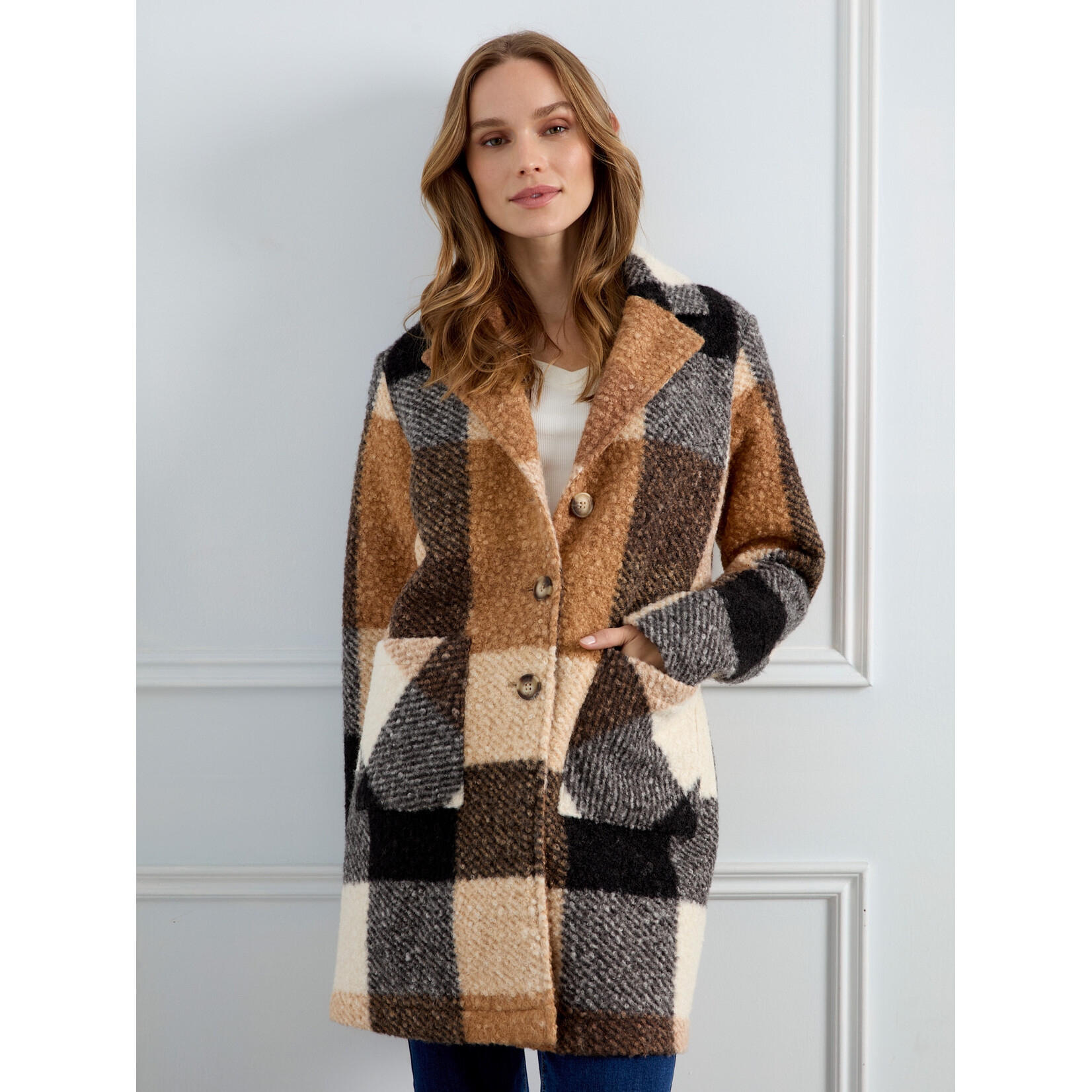 Charlie B Plaid Boucle Knit Tailored Collar Coat