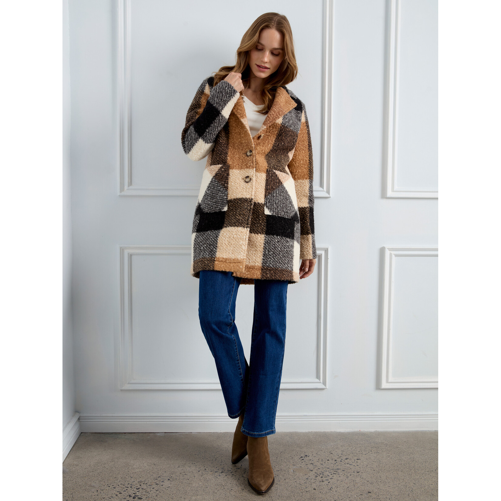 Charlie B Plaid Boucle Knit Tailored Collar Coat