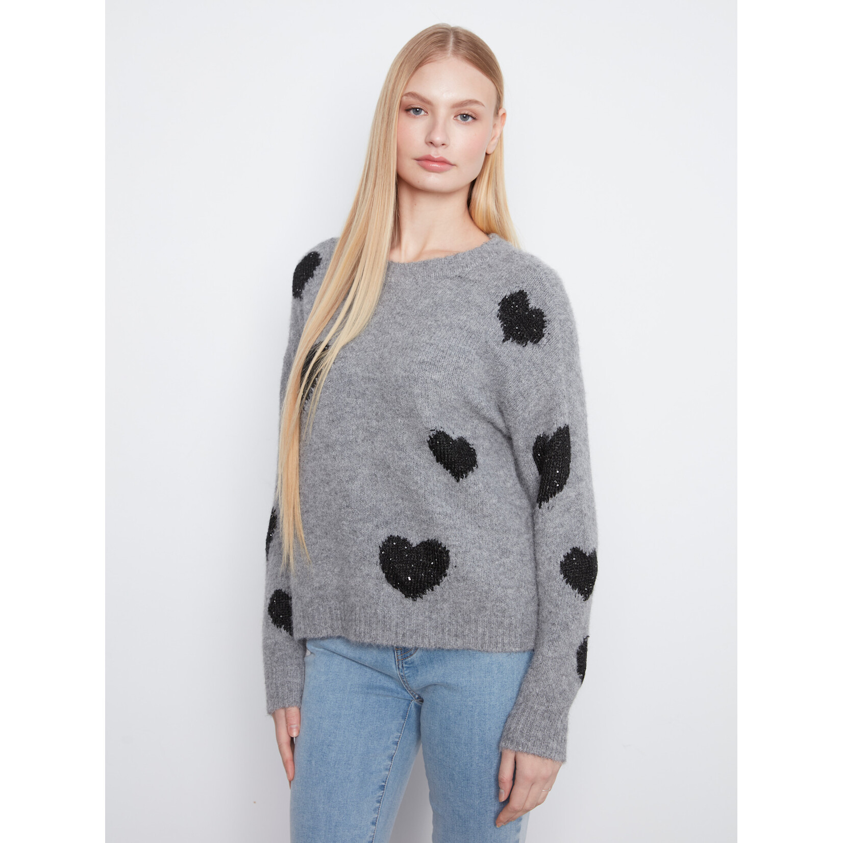 Charlie B Drop Shoulder Heart Embroidered Sweater
