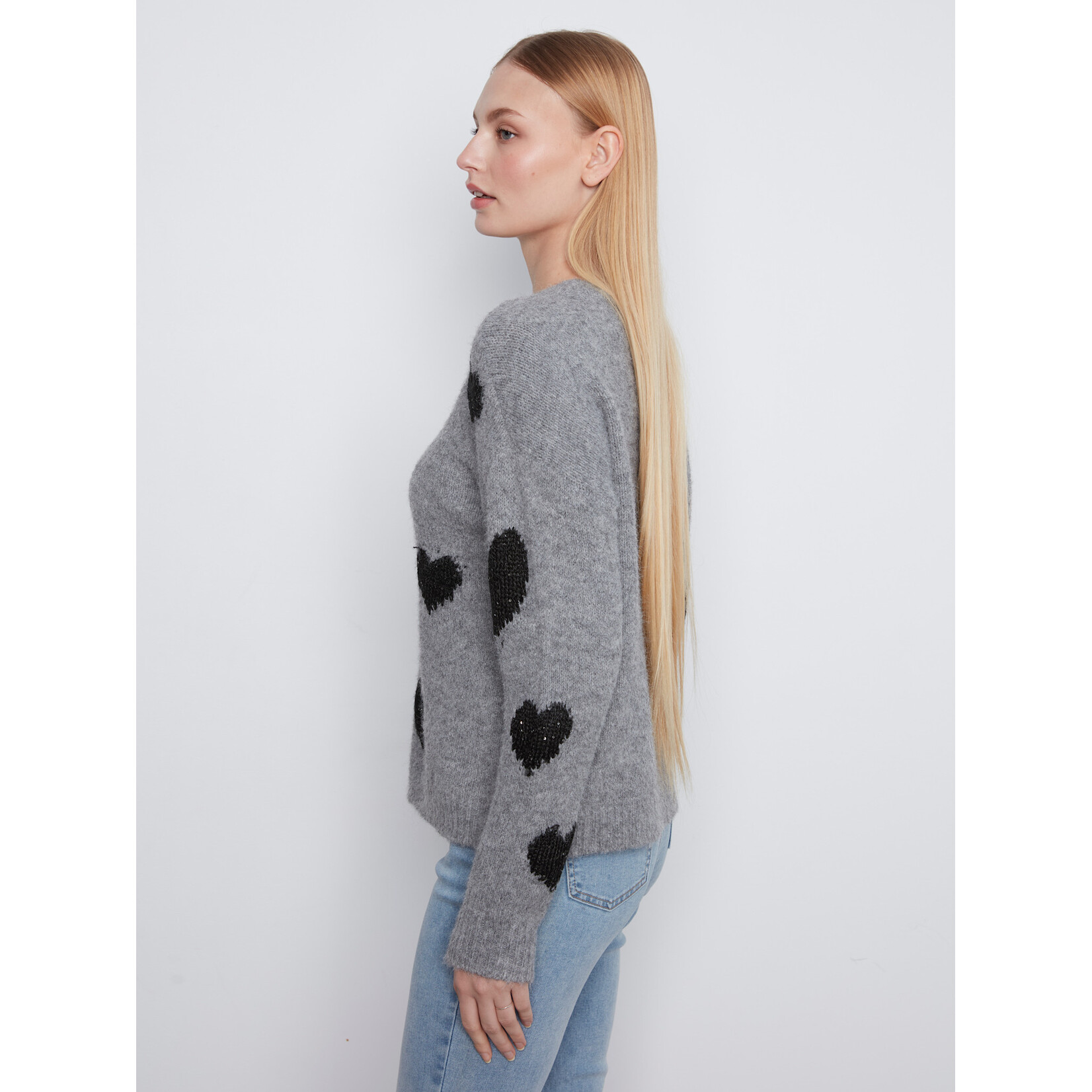Charlie B Drop Shoulder Heart Embroidered Sweater