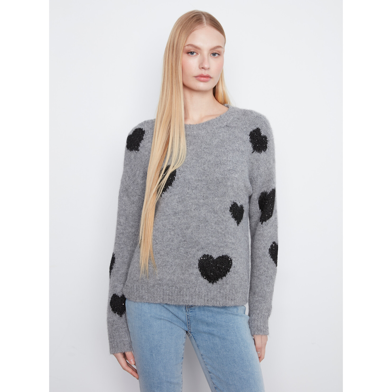 Charlie B Drop Shoulder Heart Embroidered Sweater