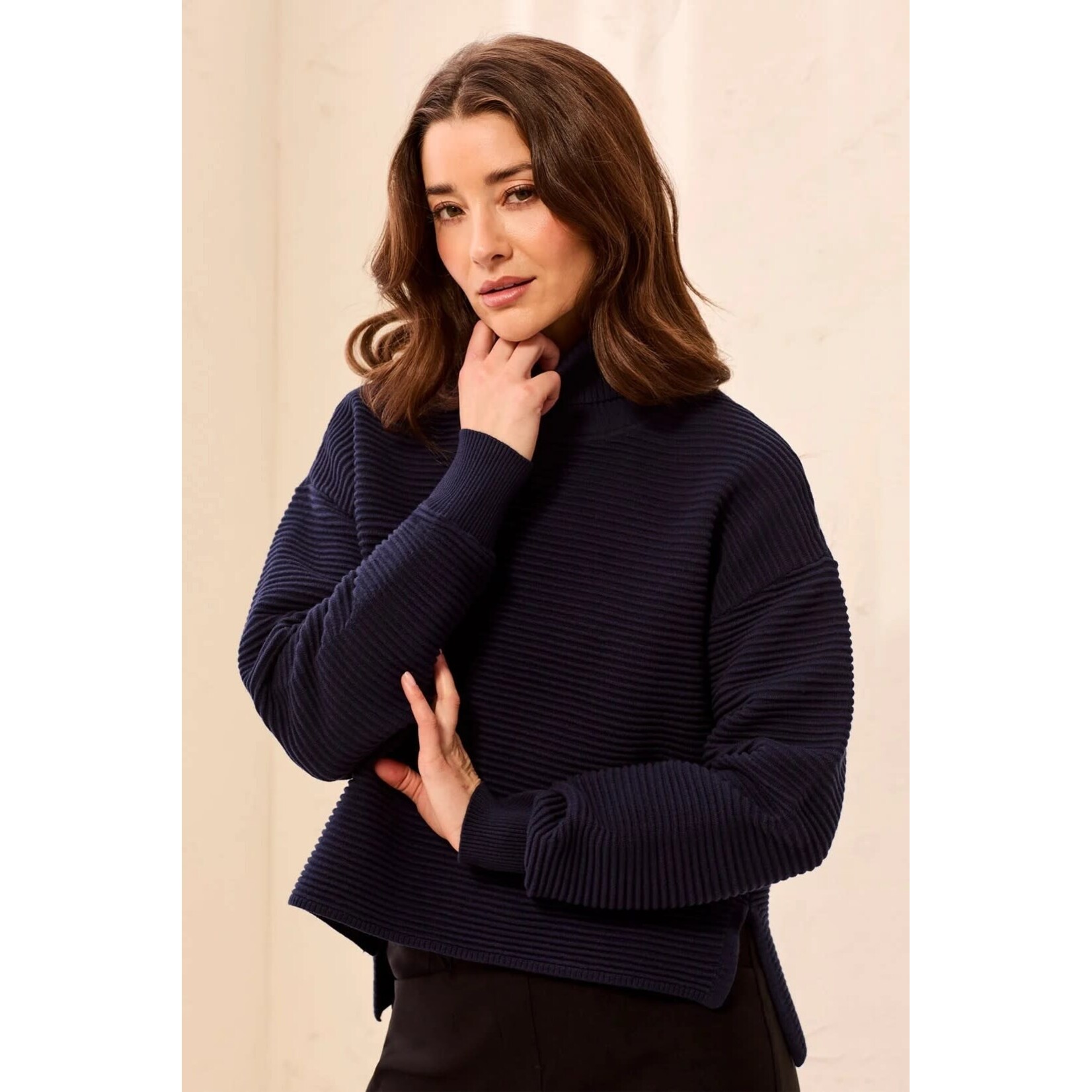 Tribal Turtleneck High Low Sweater With Side Slits