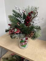 My New Favorite Thing Centerpiece with Greens, Berries, Pinecone and Red Ornament Ribbon