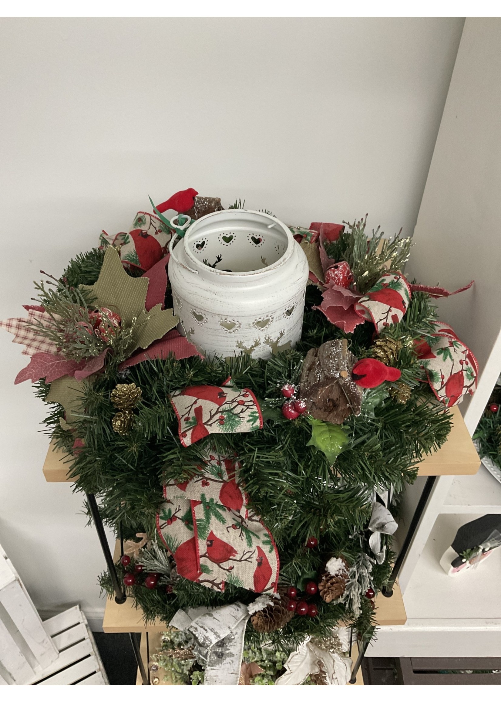My New Favorite Thing Centerpiece White Reindeer Lantern w/Greenery, Pinecones, Berries