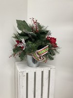 My New Favorite Thing Centerpiece Table Top Silver Bucket w/Greens, Poinsettias, Berries and Green, White and Red Stripped Ribbon with White Trim