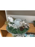 My New Favorite Thing Centerpiece White Owl w/ Frosted Glass Center Bowl, Pinecones