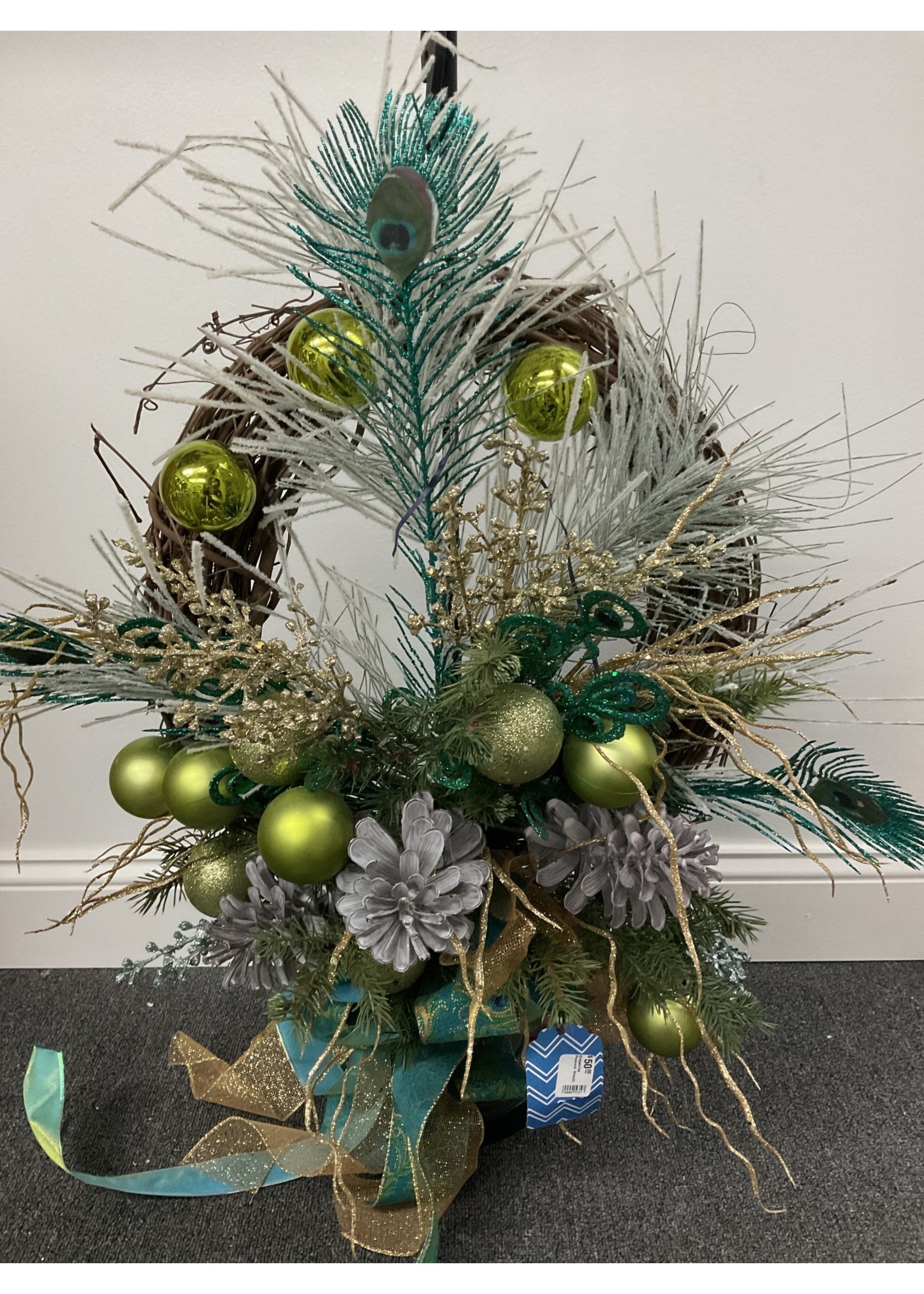 My New Favorite Thing Wreath Grapevine with Pinecones, Green Ornaments and Peacock Feathers