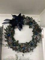 My New Favorite Thing Wreath Evergreen with Blue Poinsettia, Blue Ornaments and Blue Merry Christmas Ribbon 34 inches