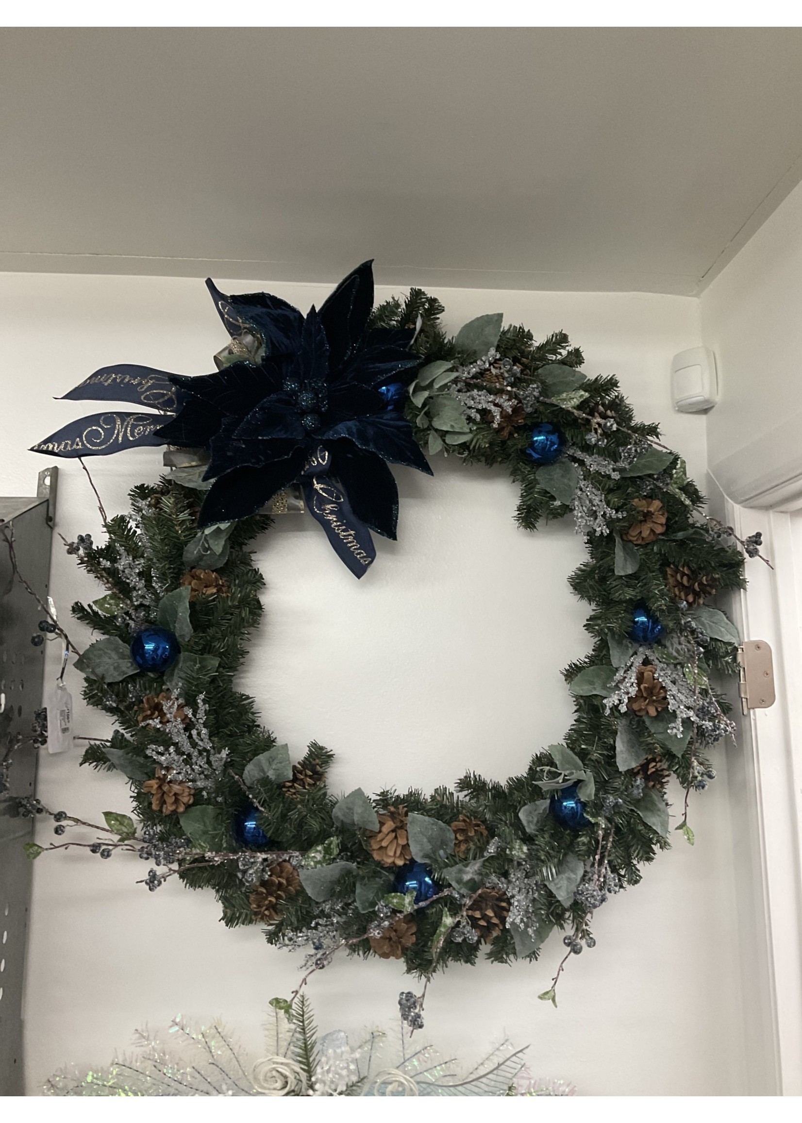 My New Favorite Thing Wreath Evergreen with Blue Poinsettia, Blue Ornaments and Blue Merry Christmas Ribbon 34 inches