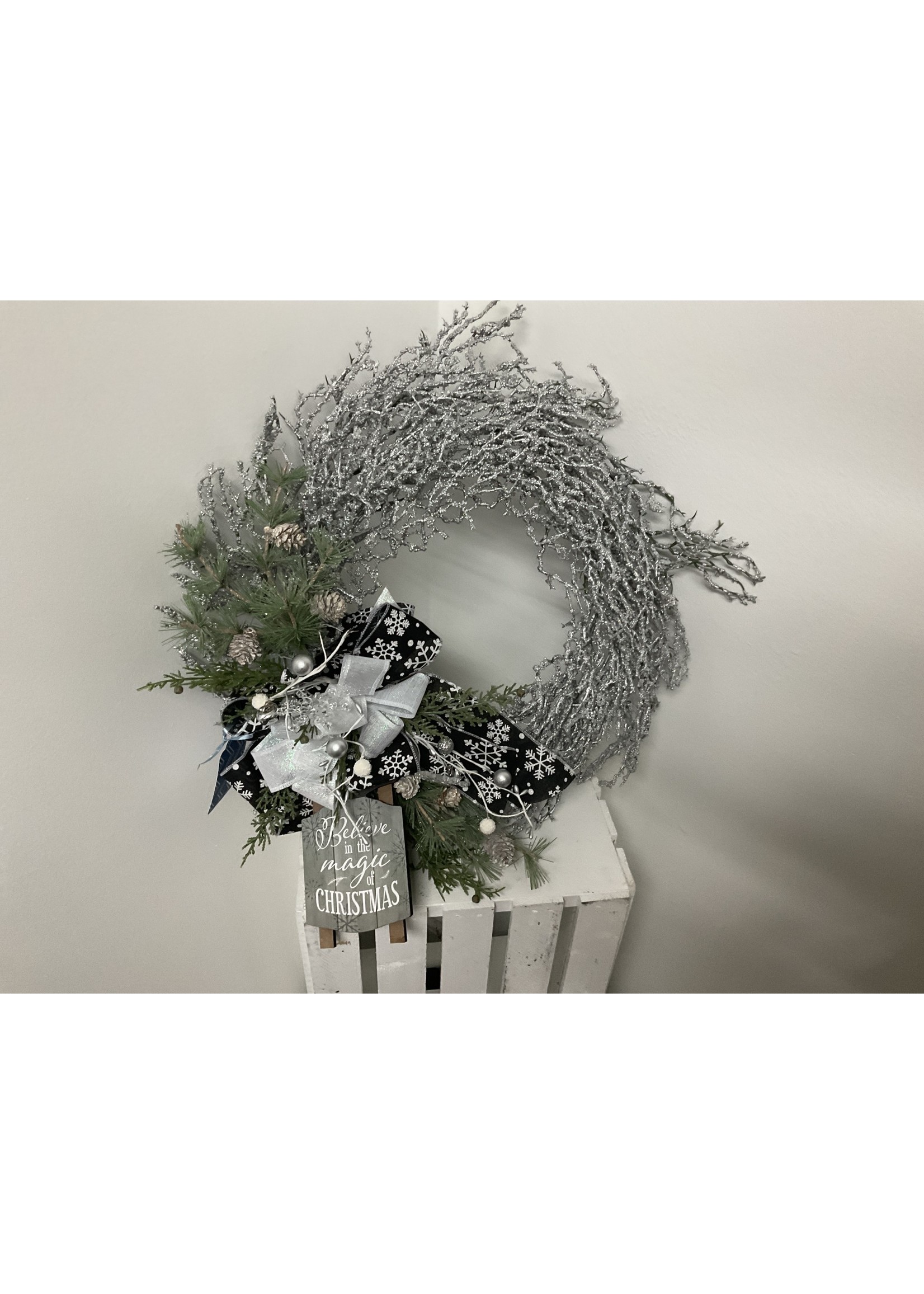 My New Favorite Thing Wreath Silver "Believe in the Magic of Christmas" with Black Snowflake Ribbon