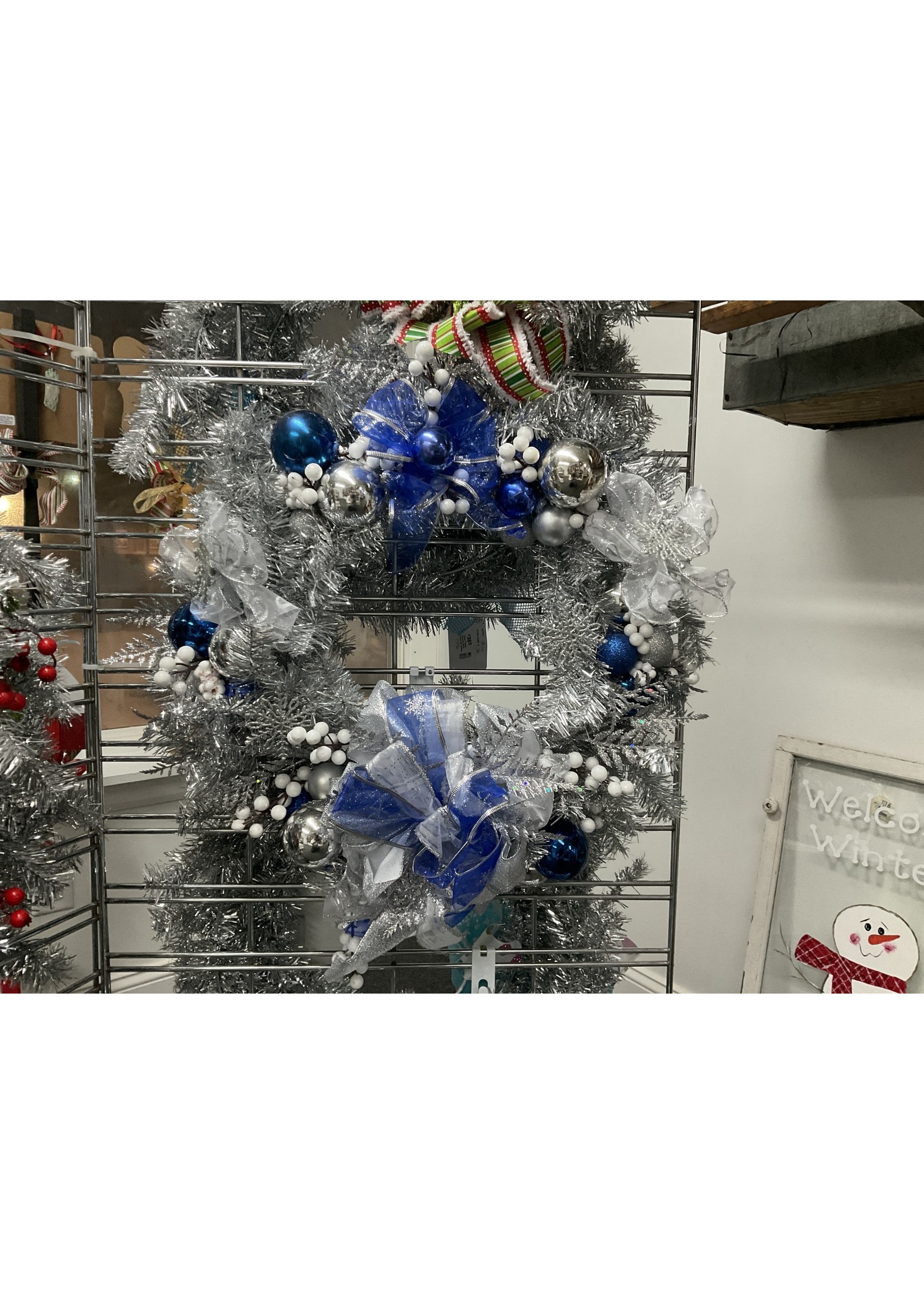 My New Favorite Thing Wreath Tinsel Silver w/Blue Ornaments, Bells and Blue Ribbon